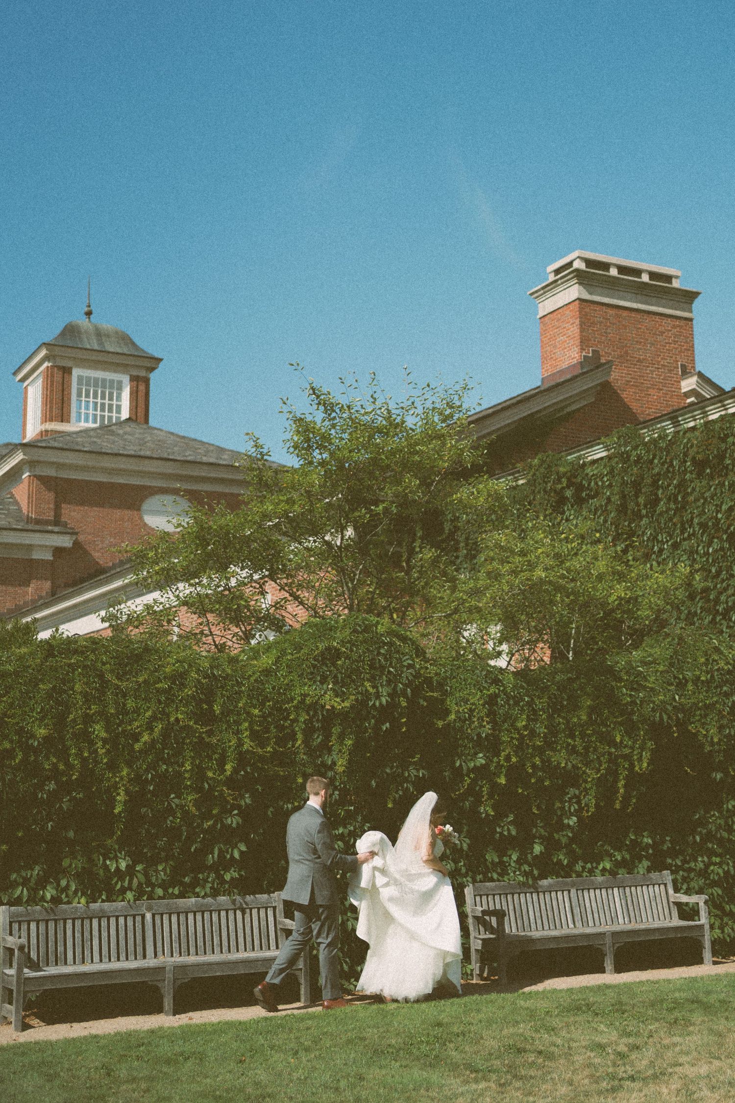 A panoramic view of a wedding couple walking along a grassy hill with hedges and brick buildings in the background in Halifax, Nova Scotia.