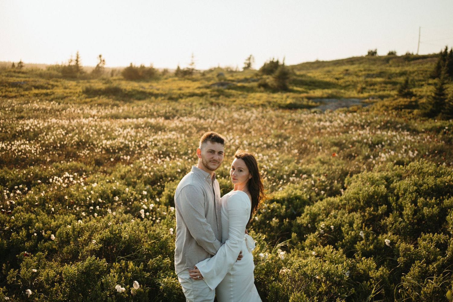 A couple embraces in a golden meadow during sunset with wildflowers dotting the mountainous landscape in Halifax, Nova Scotia.