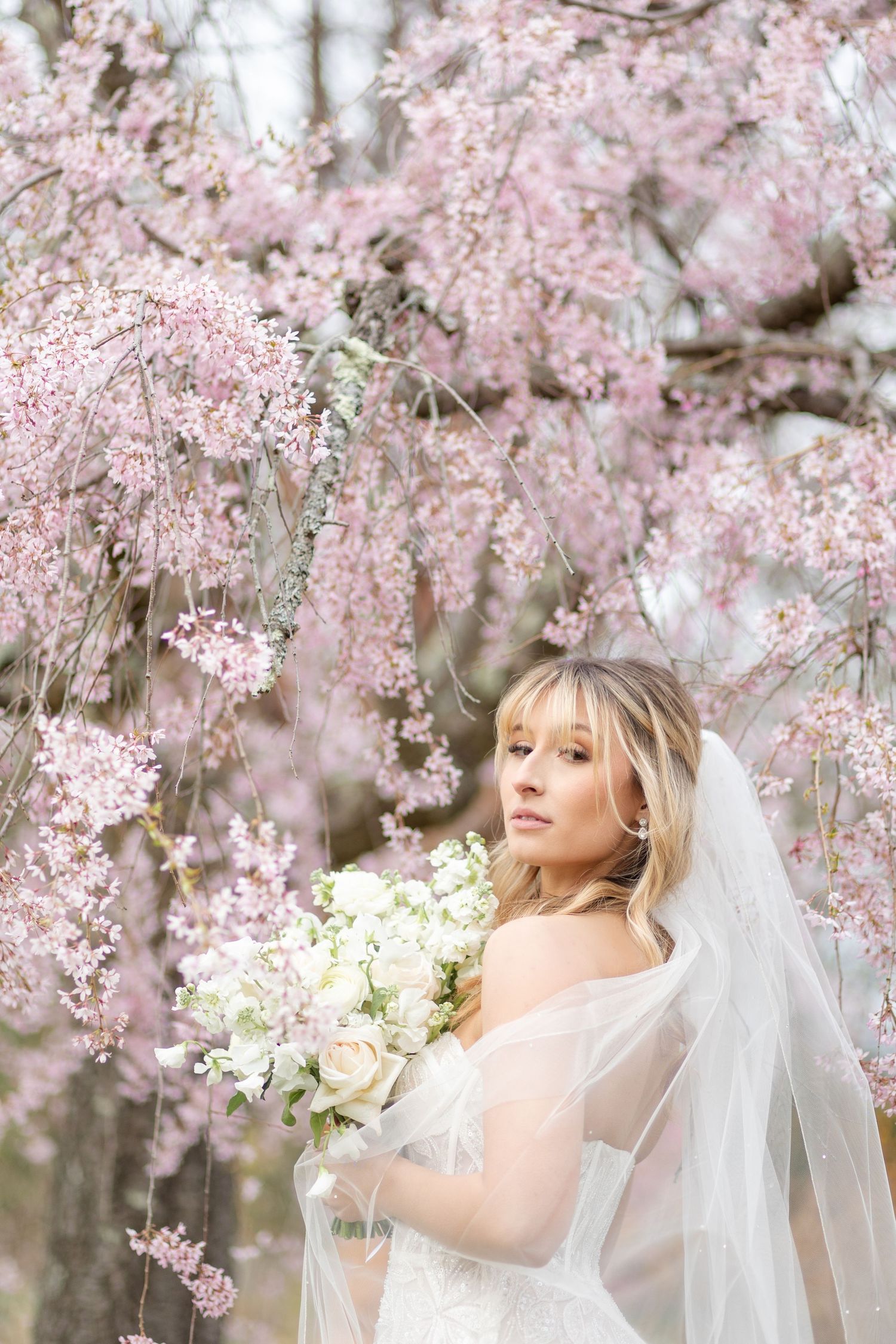 Elegant bride in lace gown and veil poses with white bouquet among pink blossoms.