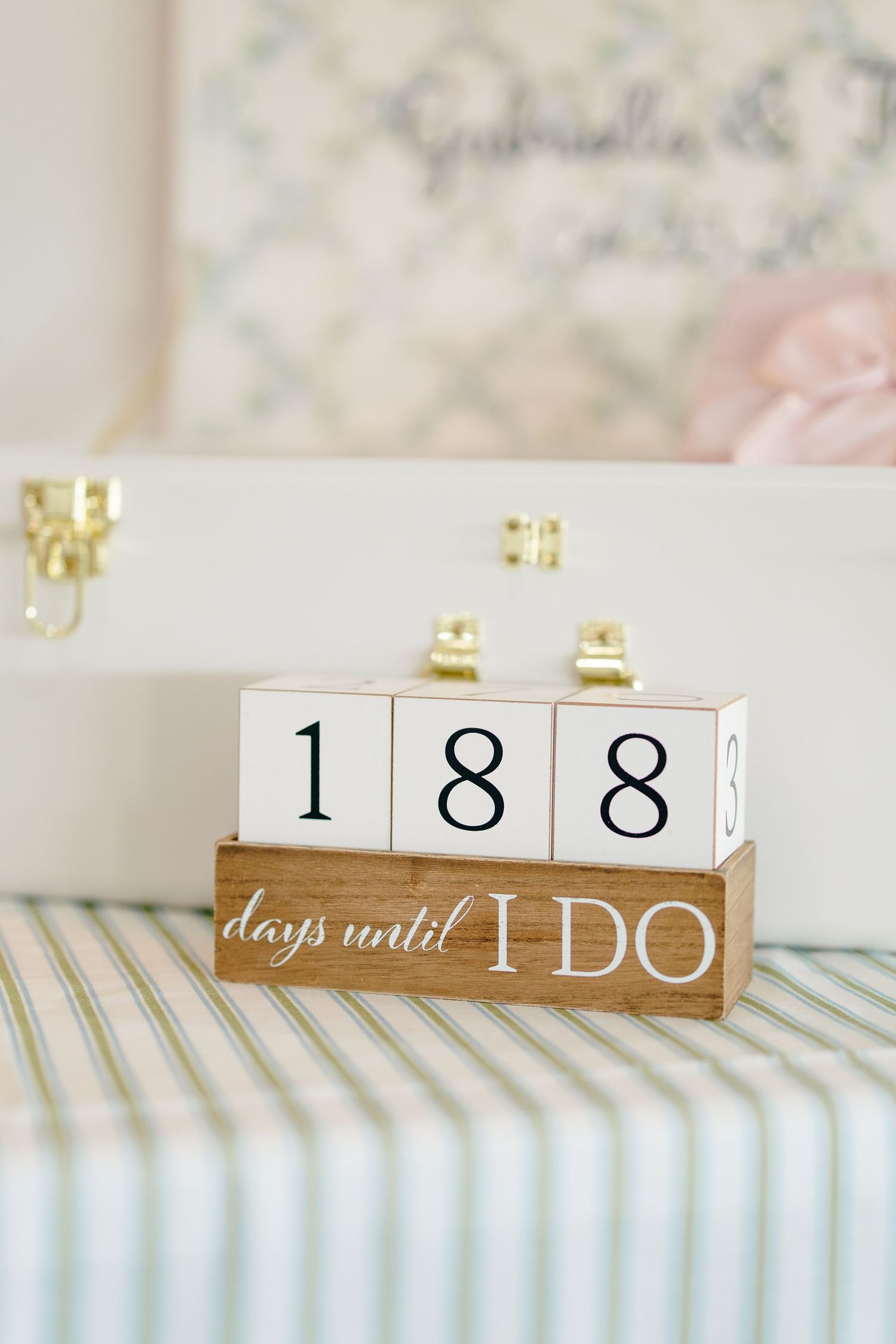 Wooden countdown block sign reading 188 days until I Do displayed at a bridal shower event.