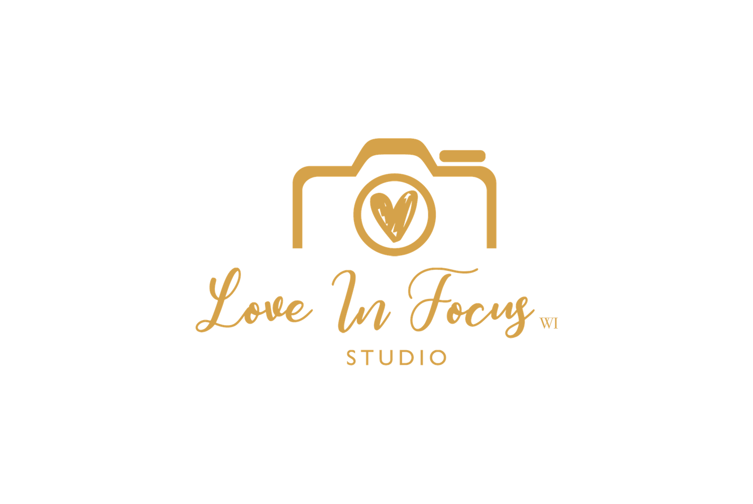 A minimalist photography logo design with a gold camera icon and heart detail above cursive 'Love In Focus Studio' text.