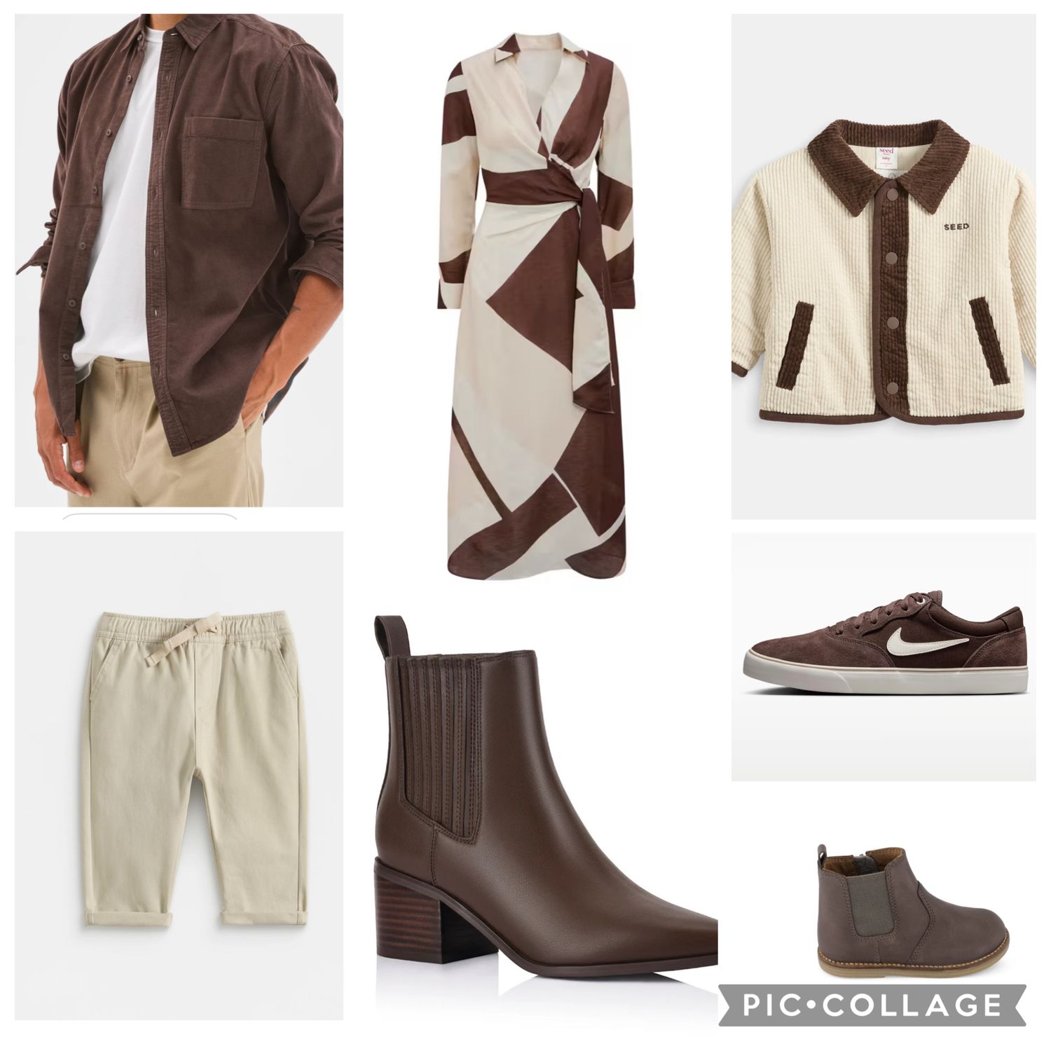 Coordinated family outfit flatlay featuring brown and cream clothing and accessories.