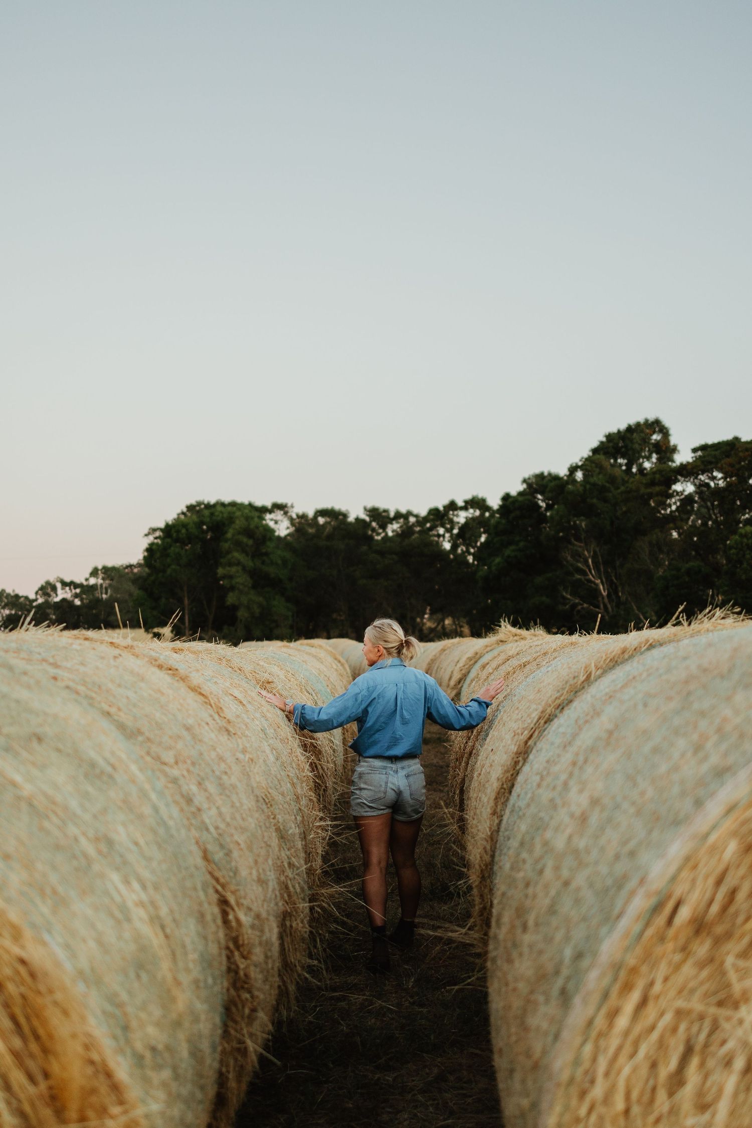 Woman in denim jacket walking between large round hay bales in a farm field at dusk with trees in background.