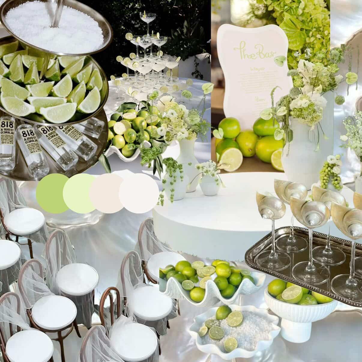 Elegant lime green and white party table display with citrus garnishes, glassware, floral arrangements, and tiered dessert stands.