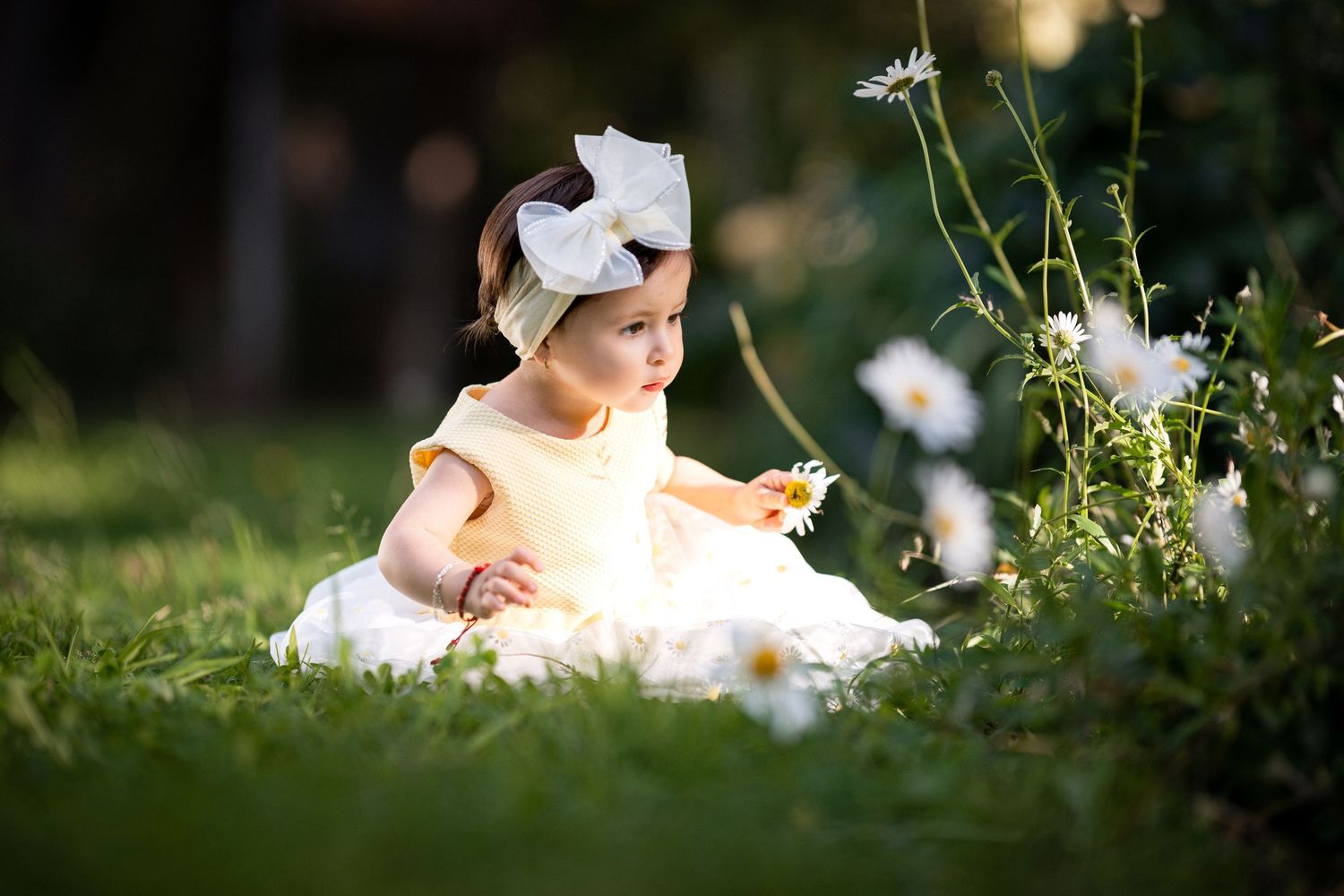 A person in white clothing sits among blooming flowers in a lush garden setting during golden hour.