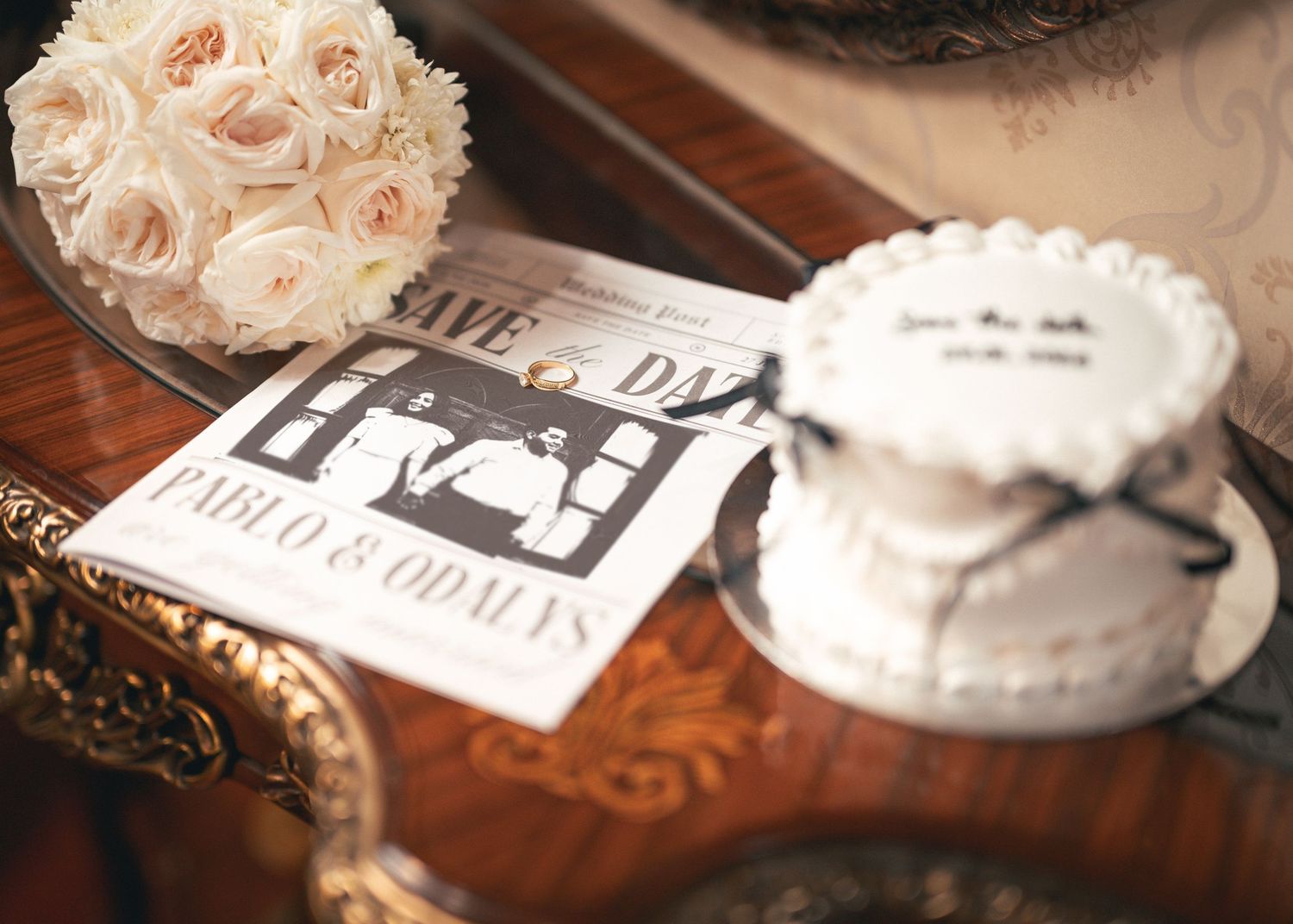 A collection of vintage style photographs and decorative items arranged in a nostalgic display.