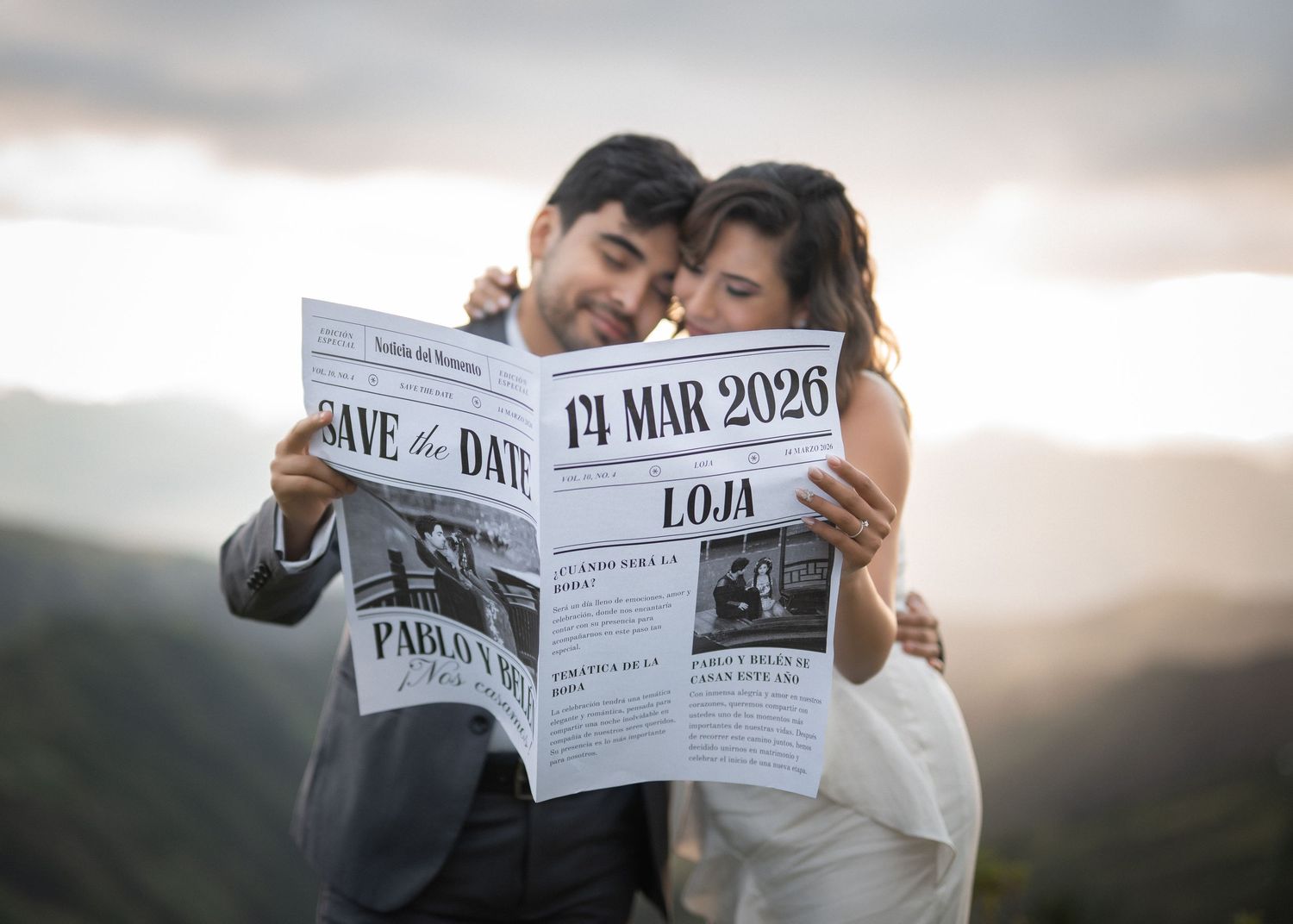 Couple holds up a save the date newspaper announcement during an outdoor engagement photo session at sunset.