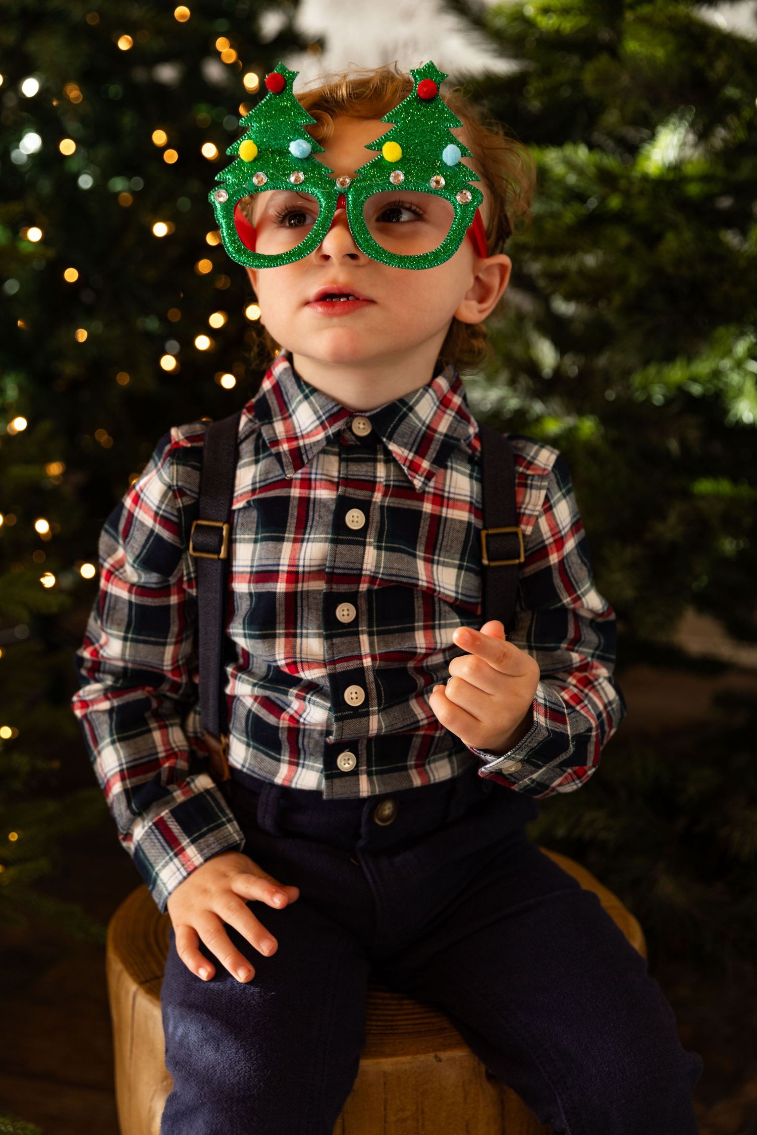 Holiday portrait featuring plaid shirt and festive green glasses with Christmas lights in background.
