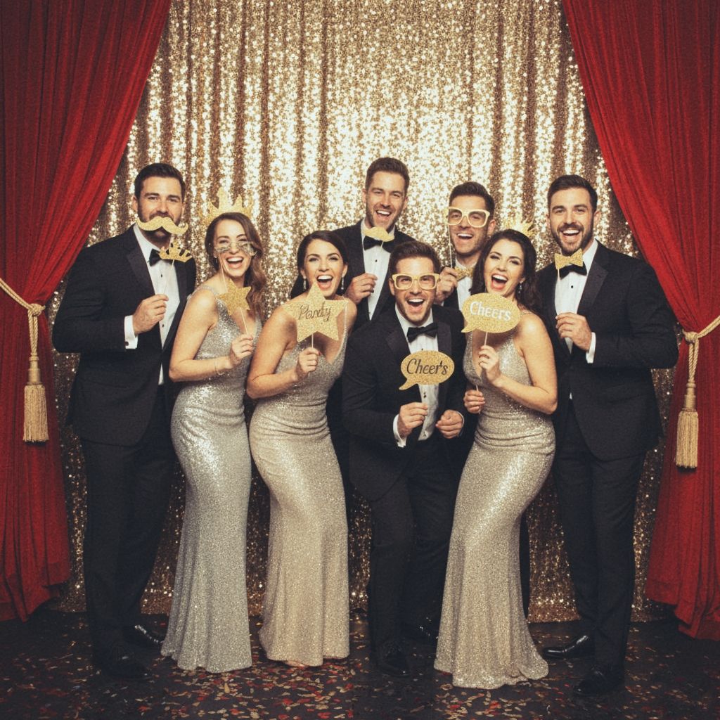 Wedding party in formal attire poses together against a gold sequin backdrop with red drapes.