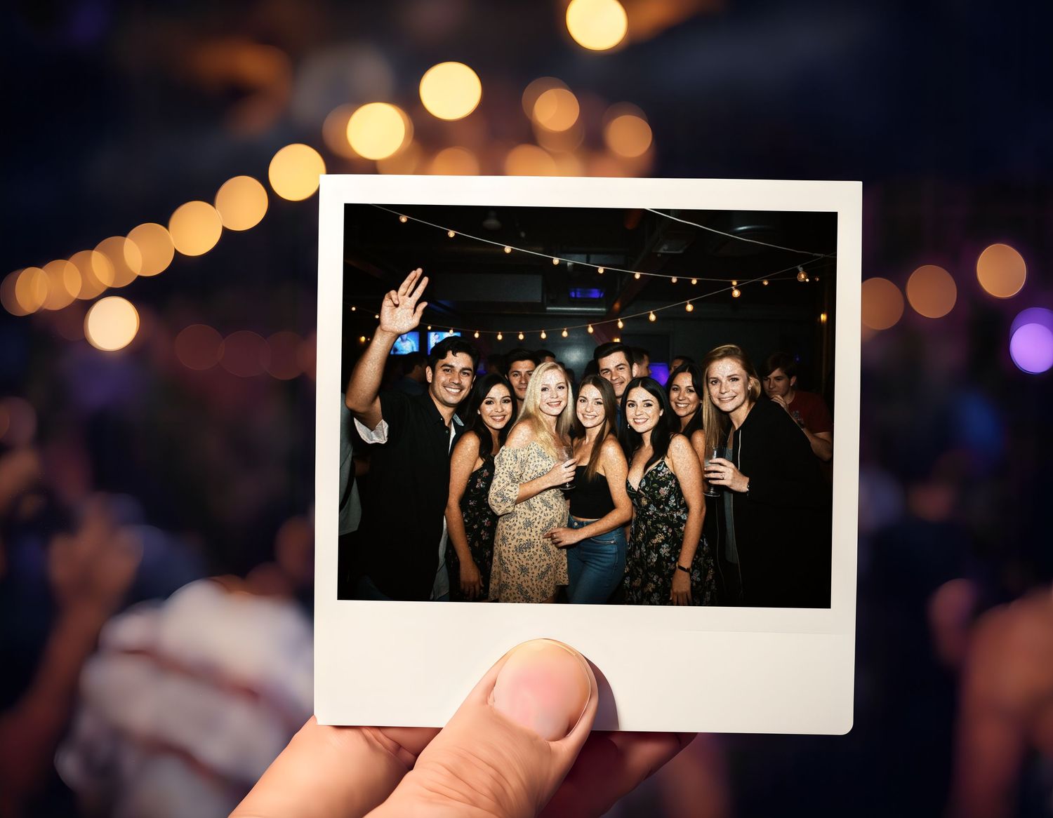 Polaroid photo being held up showing party scene with bokeh lights in background.