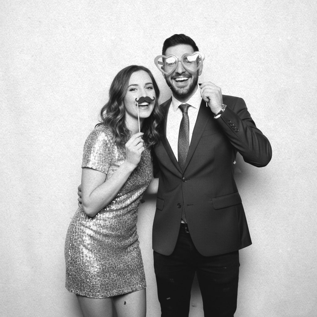 Photo booth sequence showing couples posing playfully in black and white style.