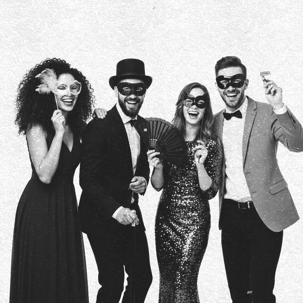 Black and white photo booth strip showing fun group poses with props and silly expressions.