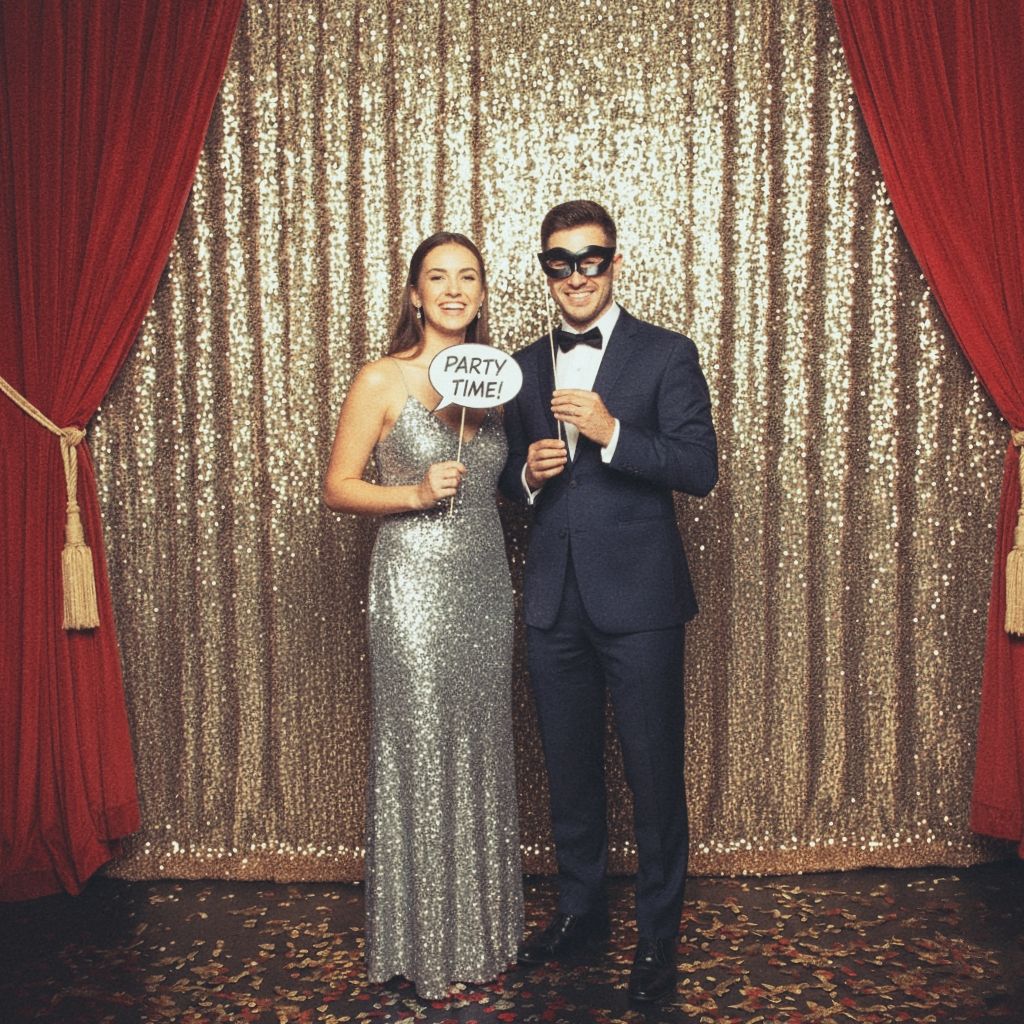 Wedding party members pose playfully with props against a sparkly gold backdrop and red curtain.