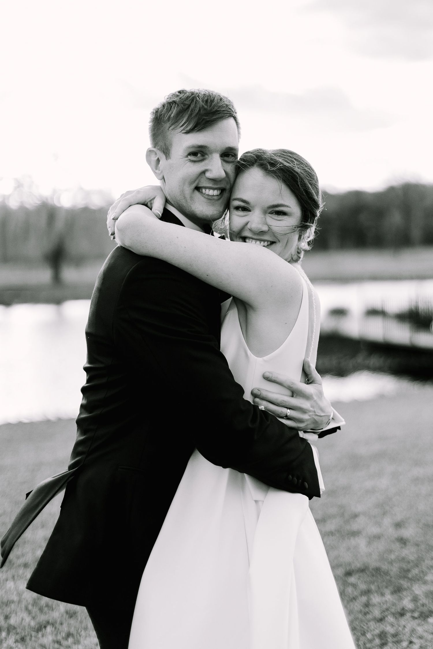 Black and white photos of newlyweds embracing outdoors with joyful expressions.