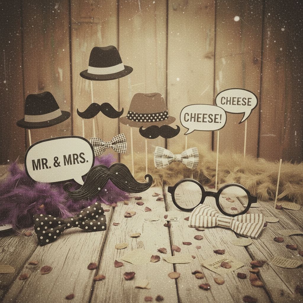 Vintage style photo booth props with speech bubbles and mustaches on rustic wooden background.