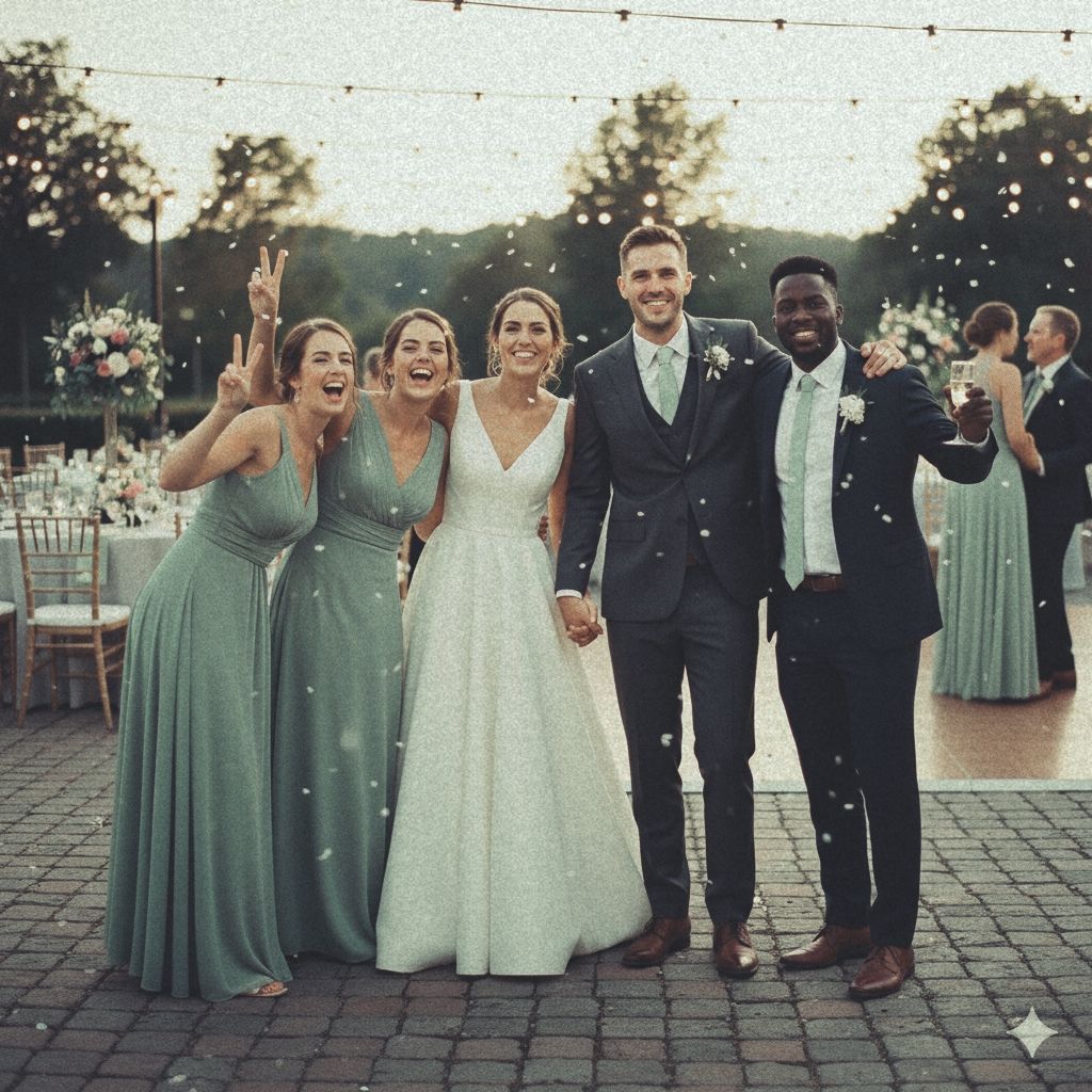 Wedding party in sage green dresses and dark suits poses together at sunset on stone patio.