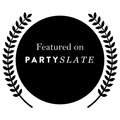 Black circular logo badge for PartySlate with laurel wreath design elements.