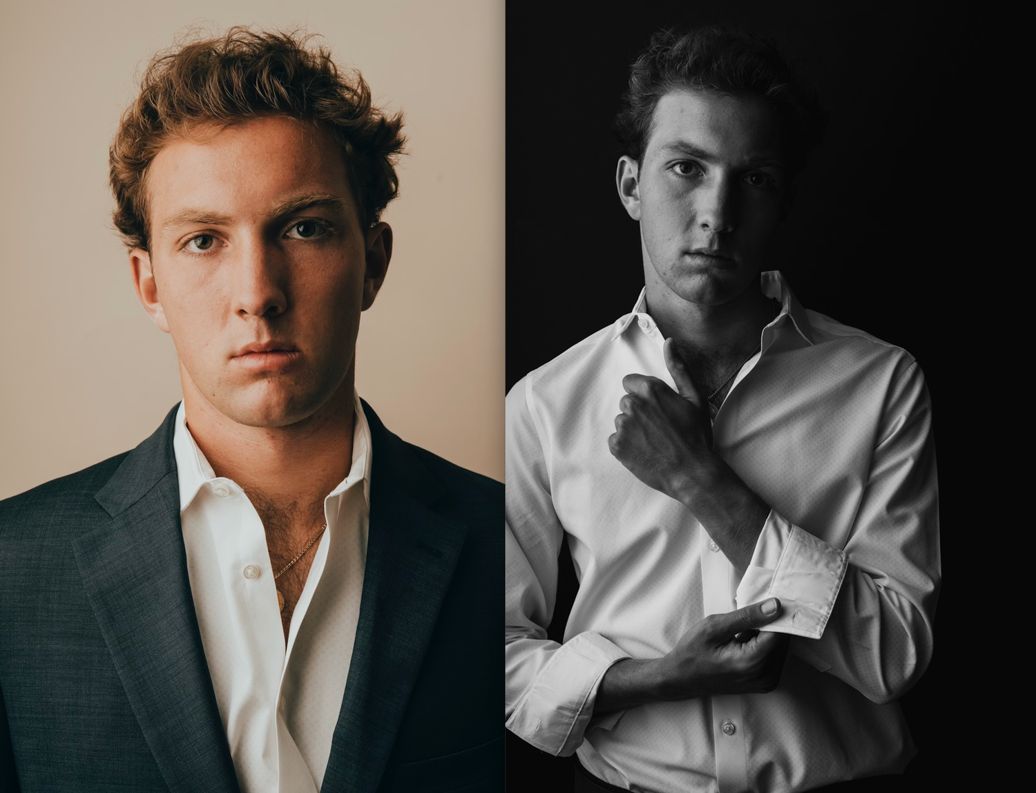 Portrait series of a person in various poses wearing a white dress shirt against light and dark backgrounds.