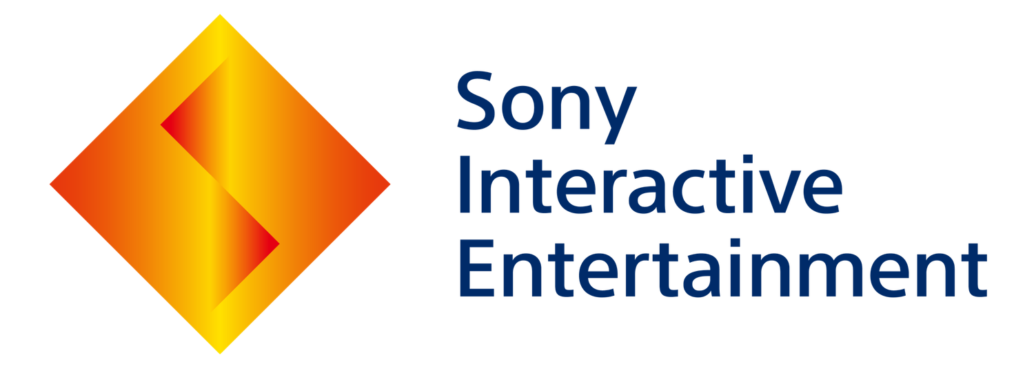 Shiny orange and yellow corporate logos for Sony Interactive Entertainment and Sony Entertainment.