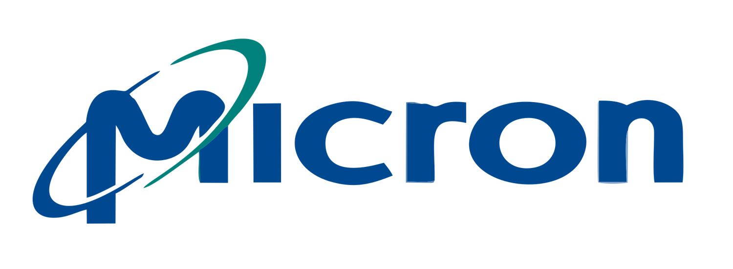 Blue and teal Micron Technology logo featuring stylized letter M with curved swoosh design against white background.