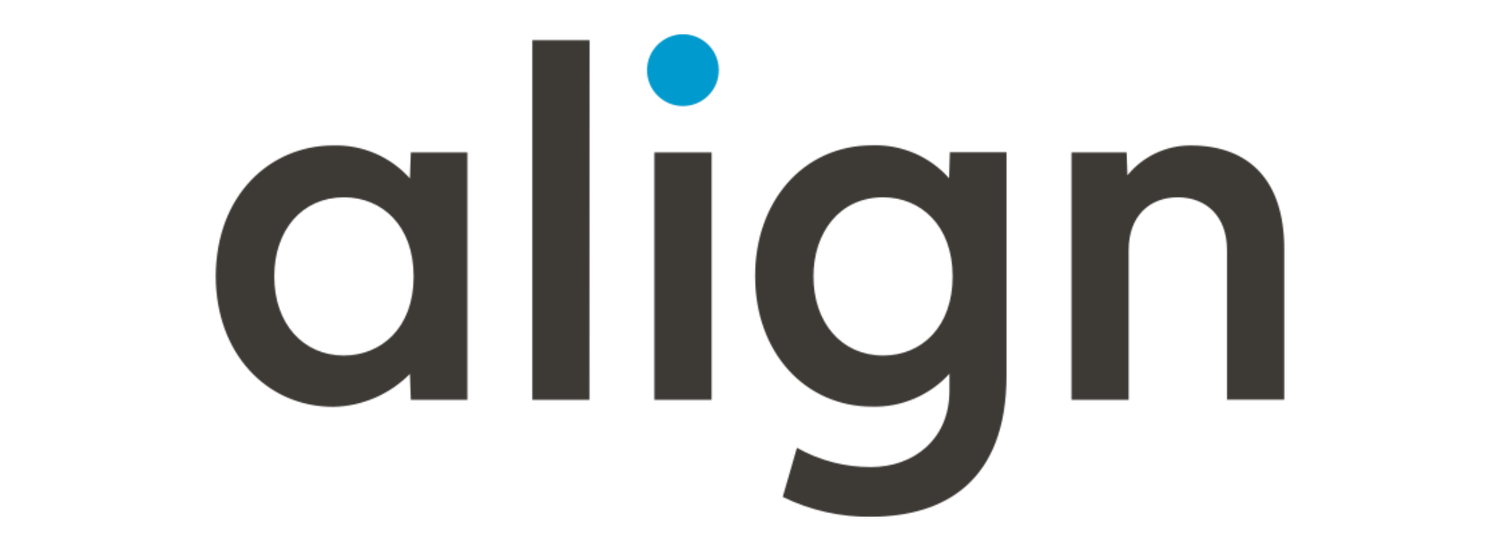 Simple black sans-serif word 'align' featuring a blue dot above the letter 'i' as a minimalist company logo.