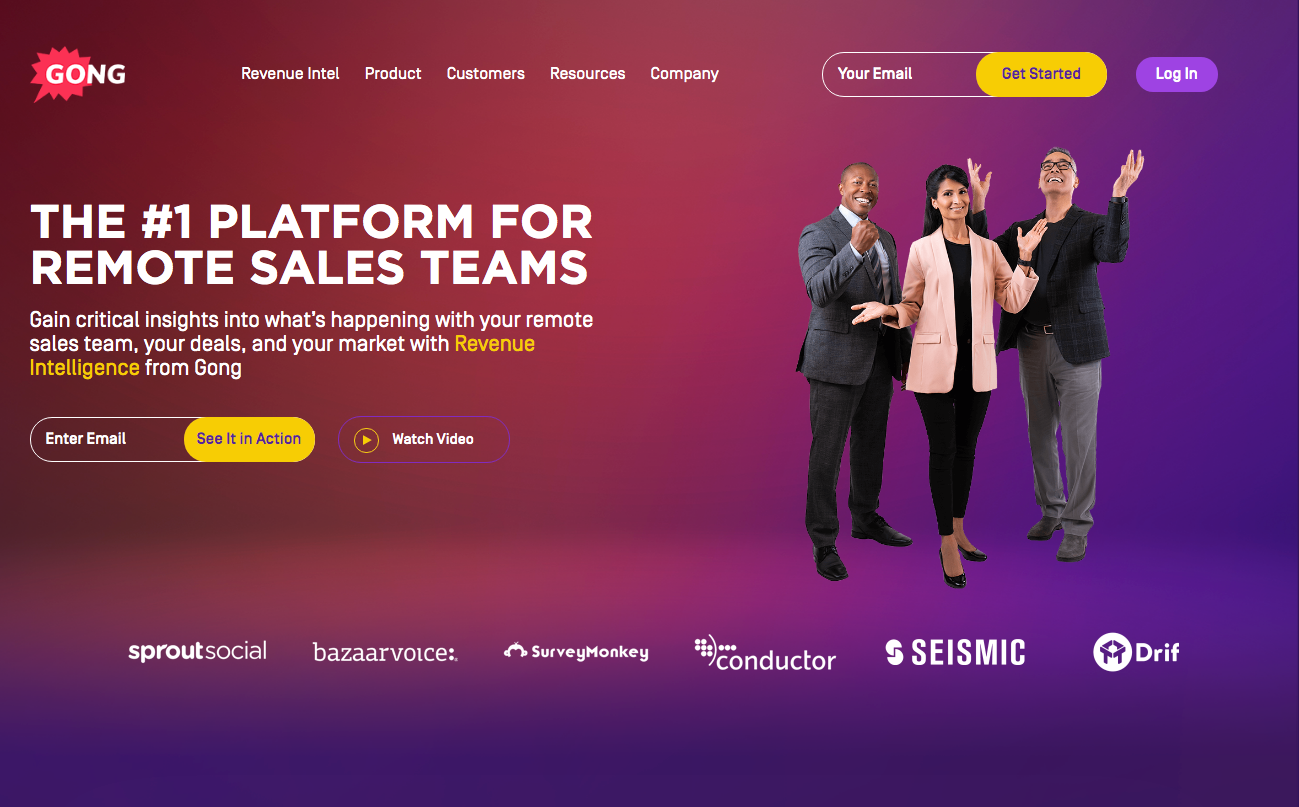 Website landing page featuring illustrated business people and remote sales team platform branding.