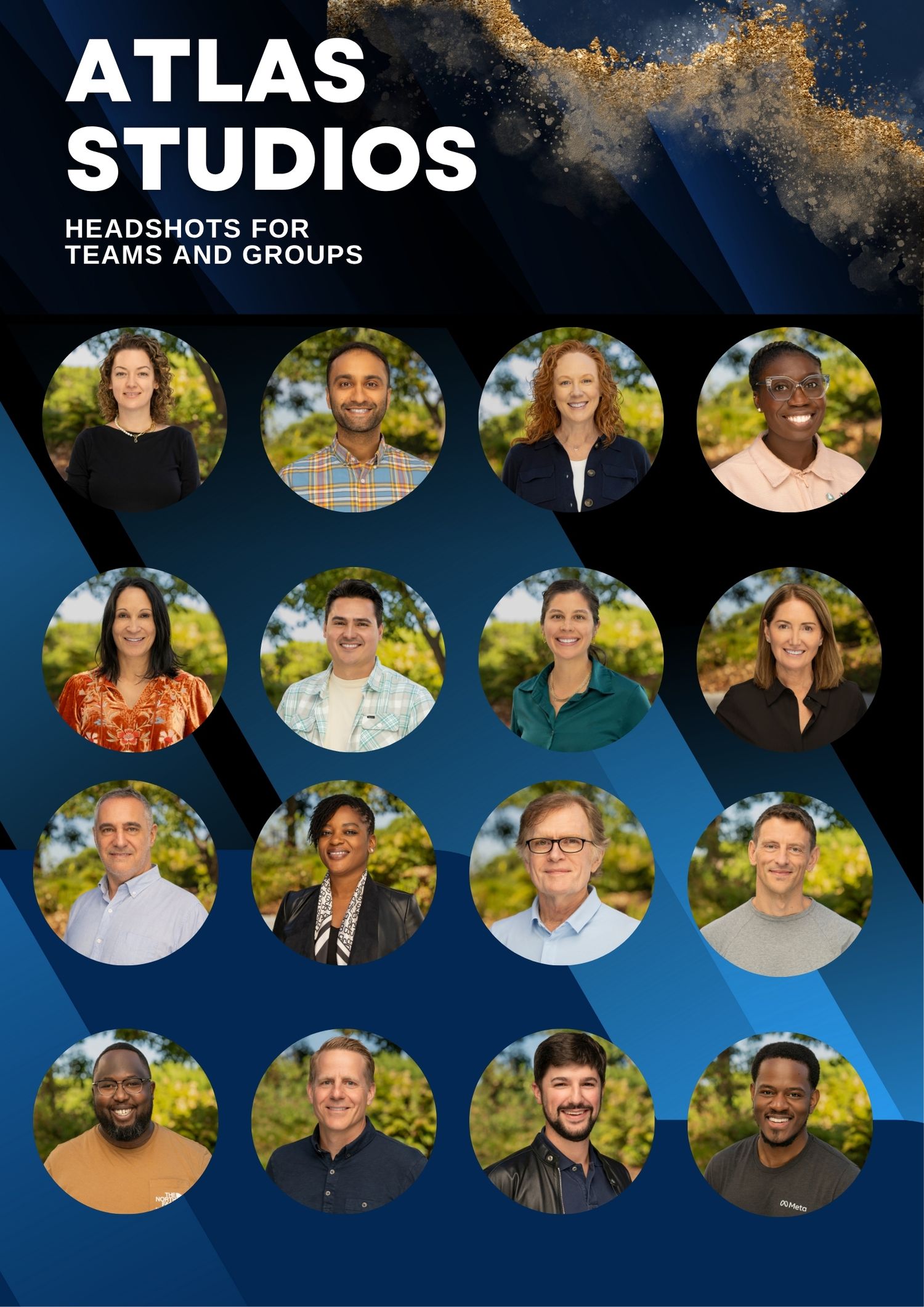 Professional headshots of team members arranged in circular frames against a dark blue background with gold accents.