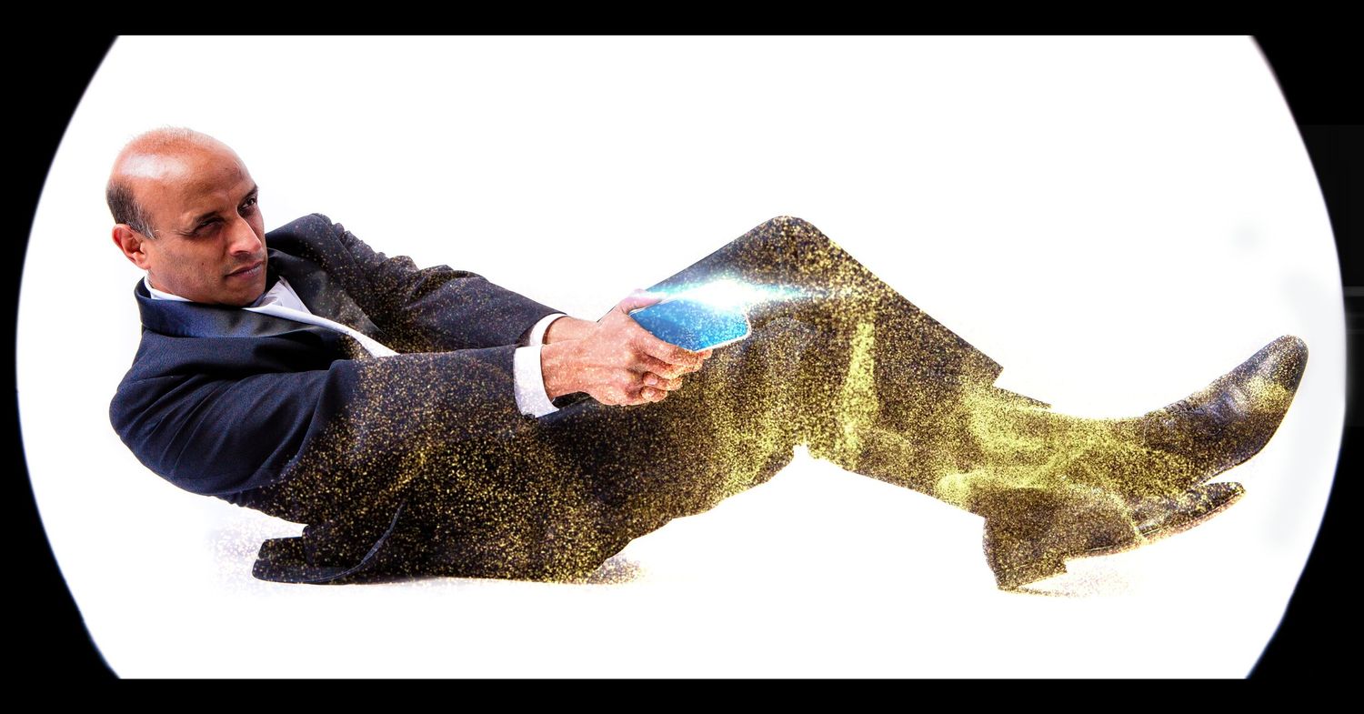 Creative double exposure portrait of a businessman in motion against a glowing overlay effect.