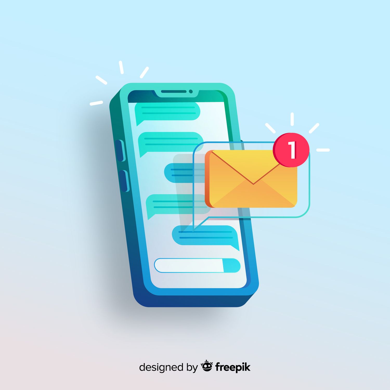 3D illustrated smartphone with chat bubbles and email notification icon in teal and orange.