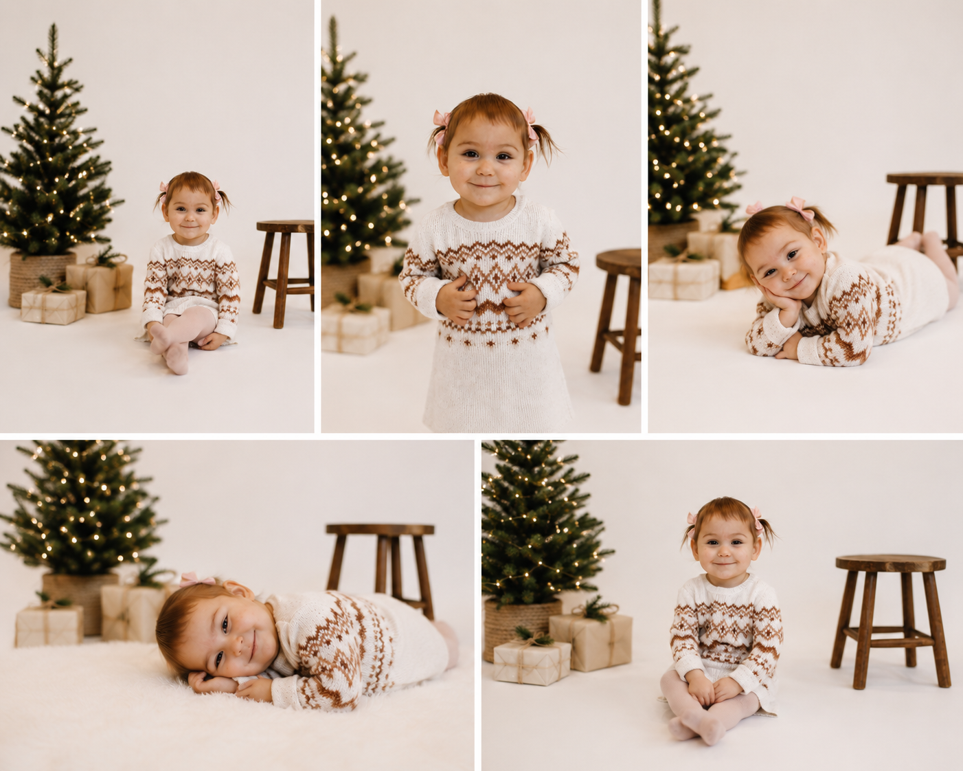 Toddler girl in fair isle sweater poses in Christmas photo collage with trees, gifts, and wooden stools on white backdrop.