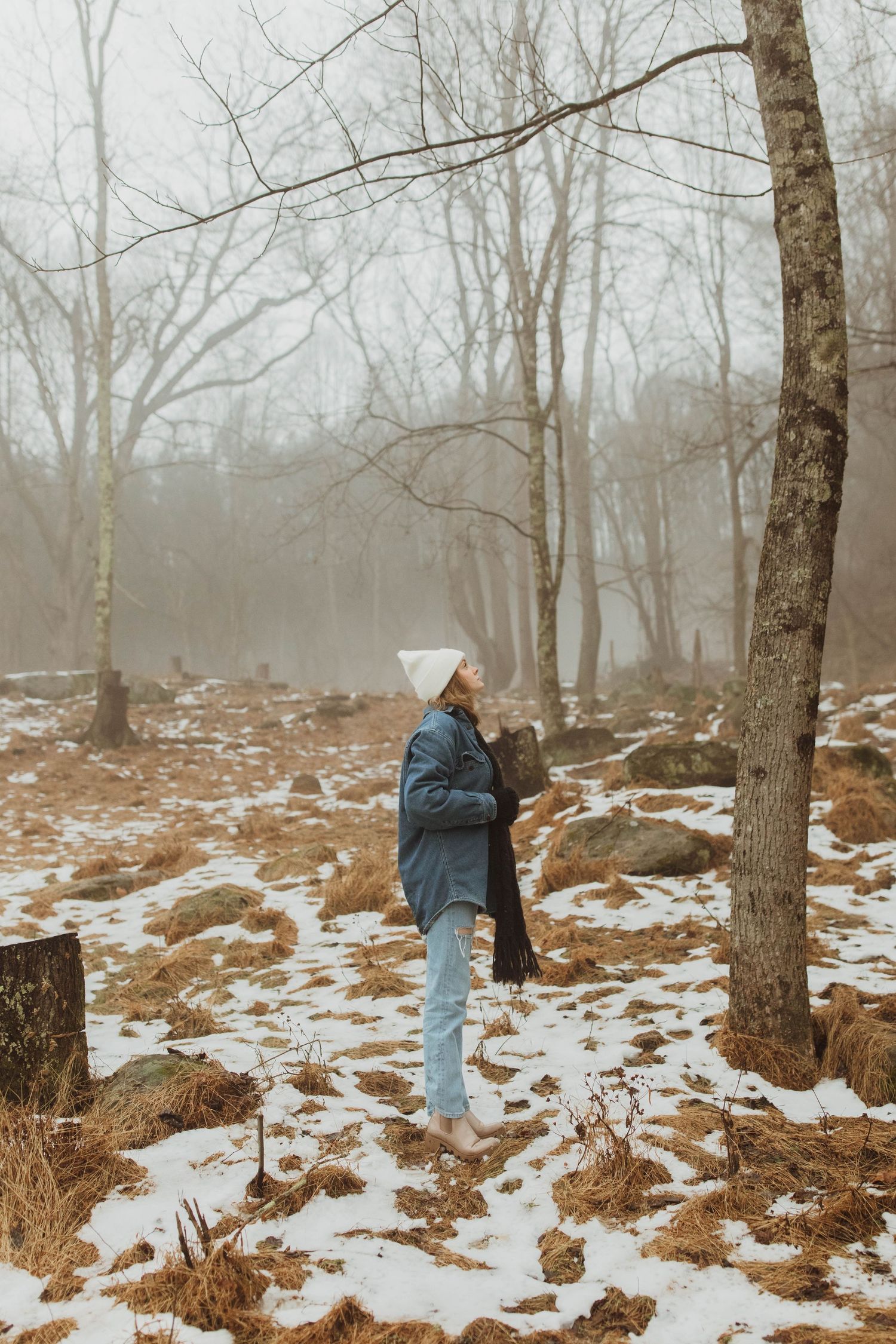 Someone standing by a tree in misty winter forest with patches of snow on ground.