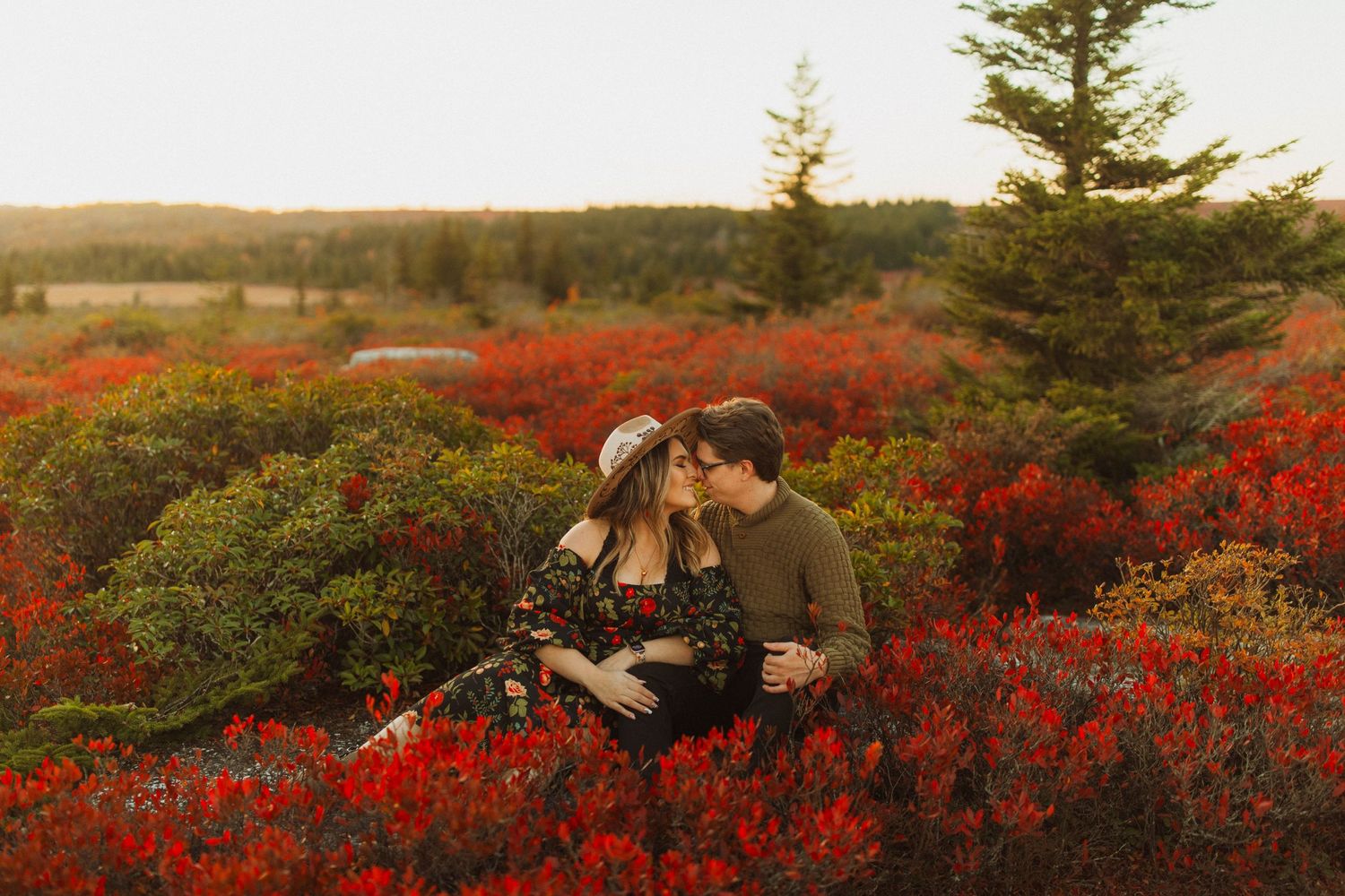 A couple shares an intimate moment surrounded by crimson fall foliage at dolly sods