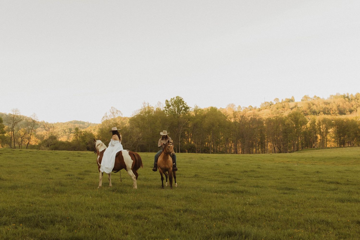 Two people riding horses through a pastoral field at sunset.