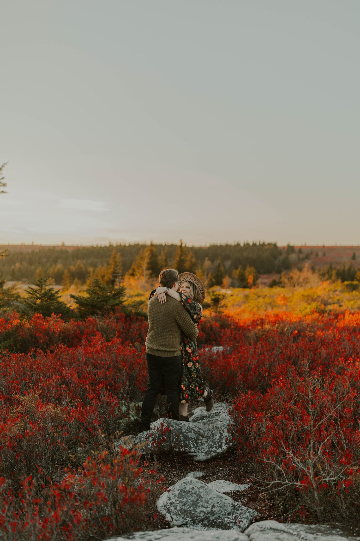A couple embraces on rocks surrounded by vibrant red fall foliage at sunset at dolly sods