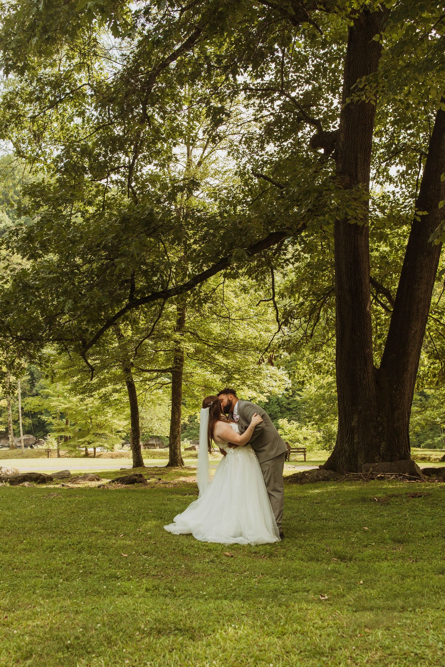 Newlywed couple sharing a romantic moment under large trees in a sunlit park.