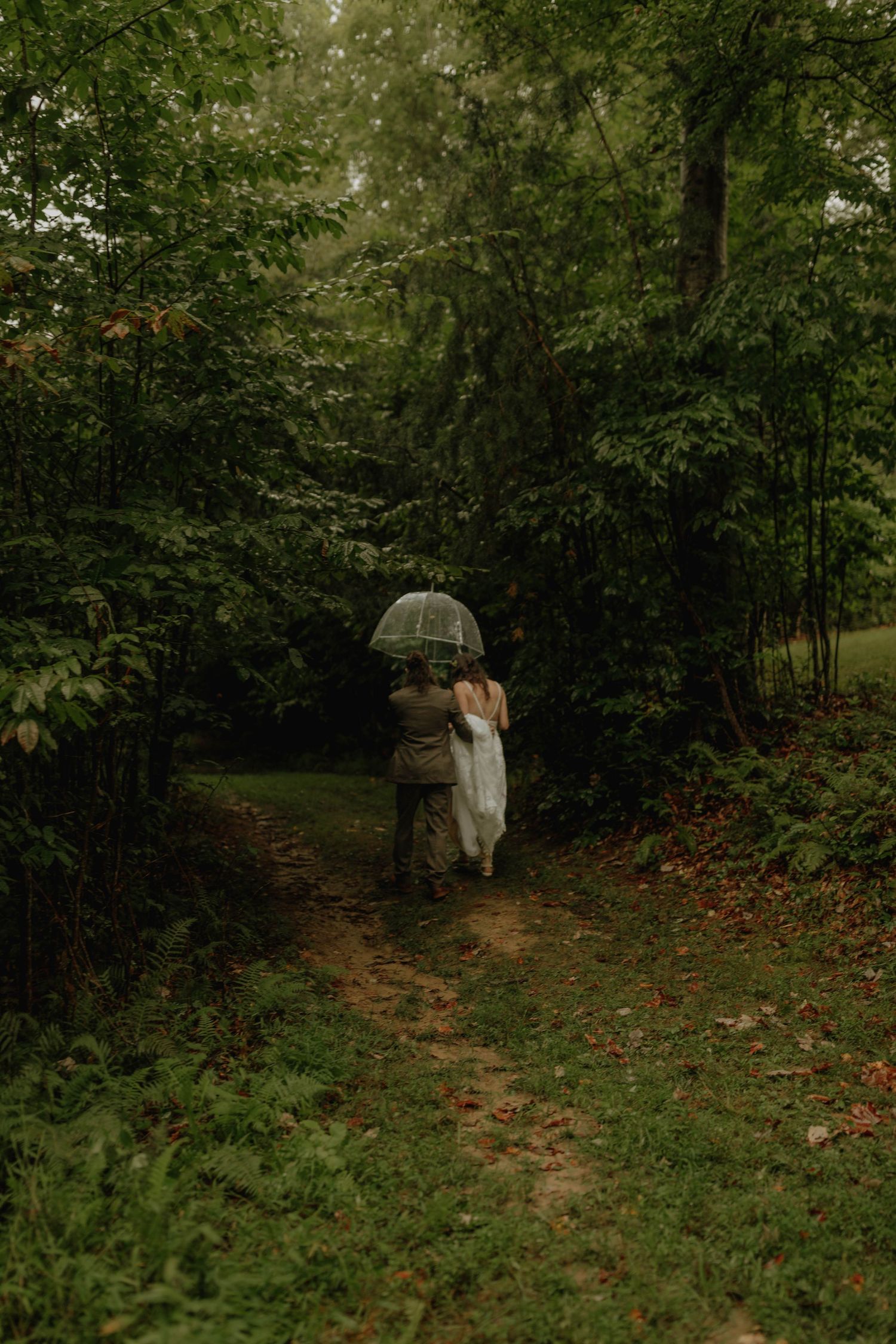 A couple shares an intimate moment under a clear umbrella on a wooded path.