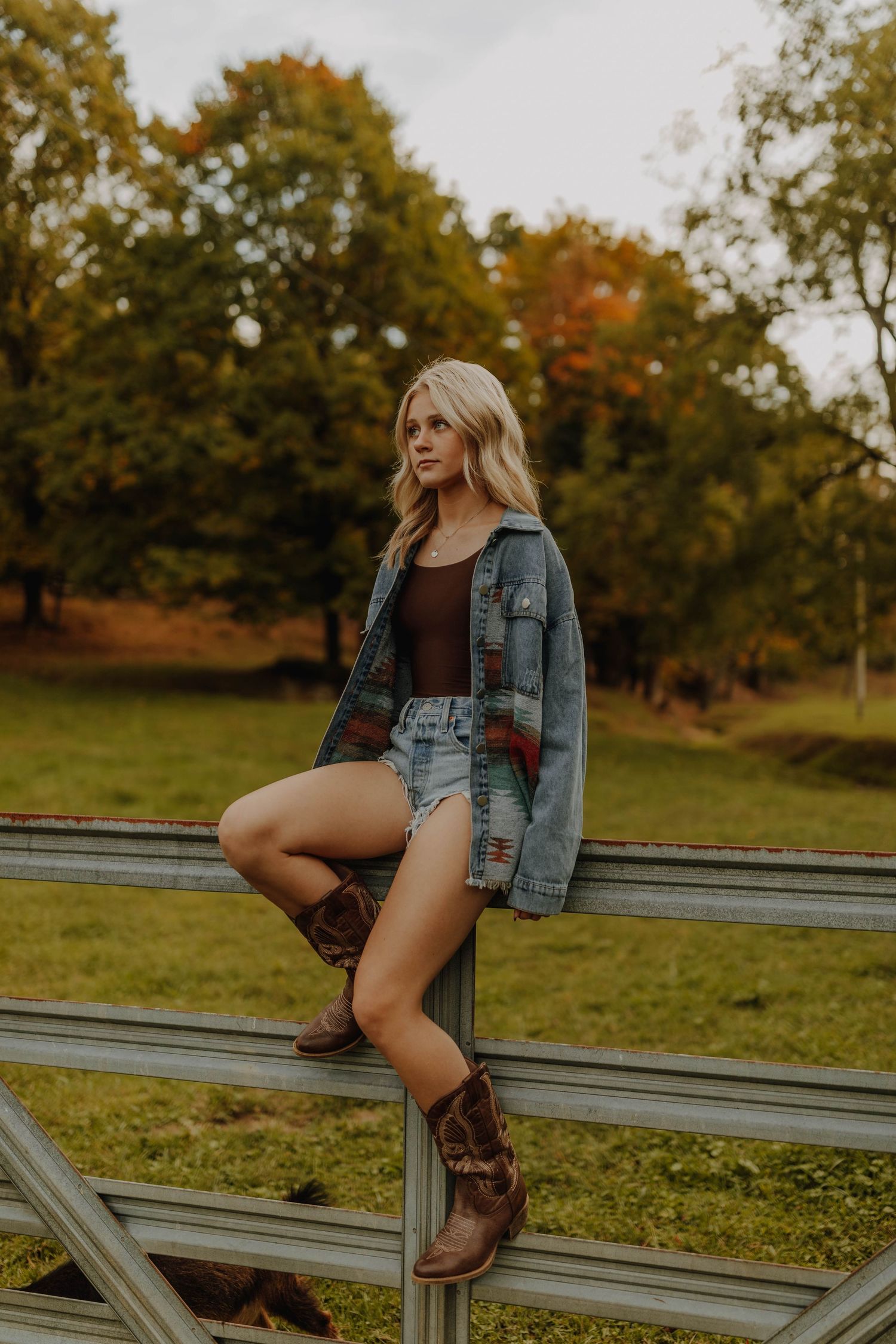 Someone perches on a wooden fence wearing denim and boots in an autumn setting.