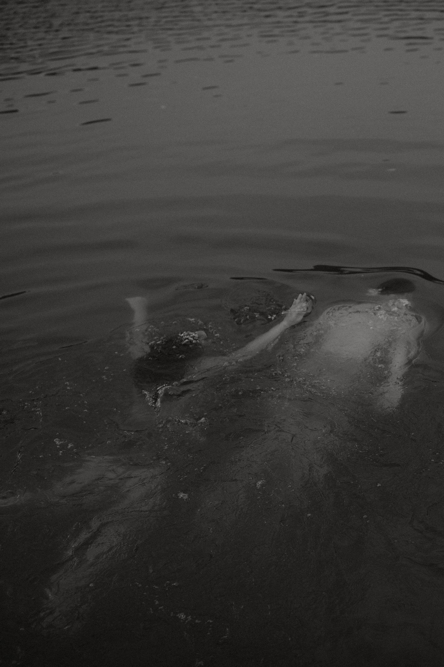 Black and white underwater view of swimmers beneath the lake surface.