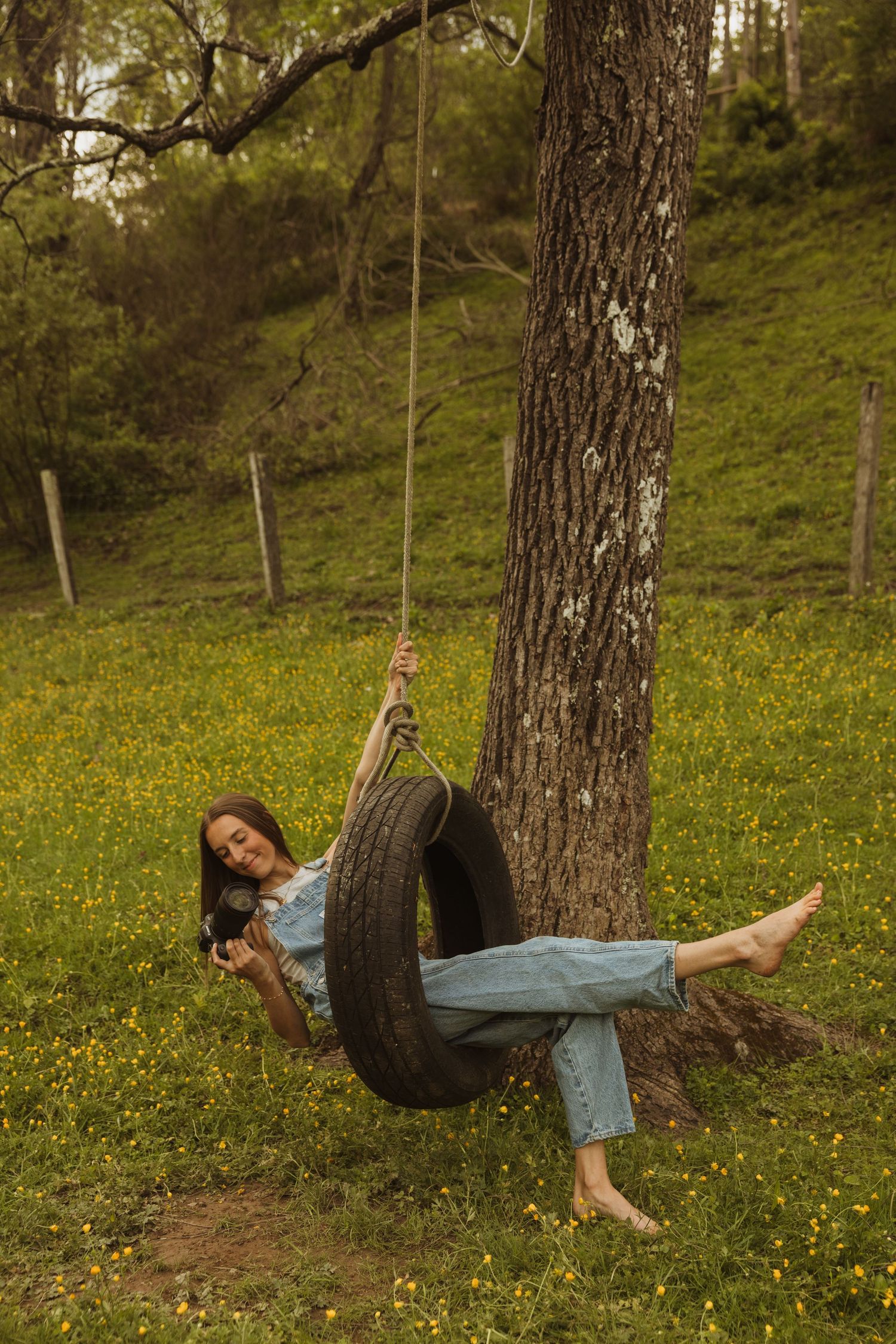 A rustic tire swing hangs from a large tree in a grassy meadow filled with yellow wildflowers.