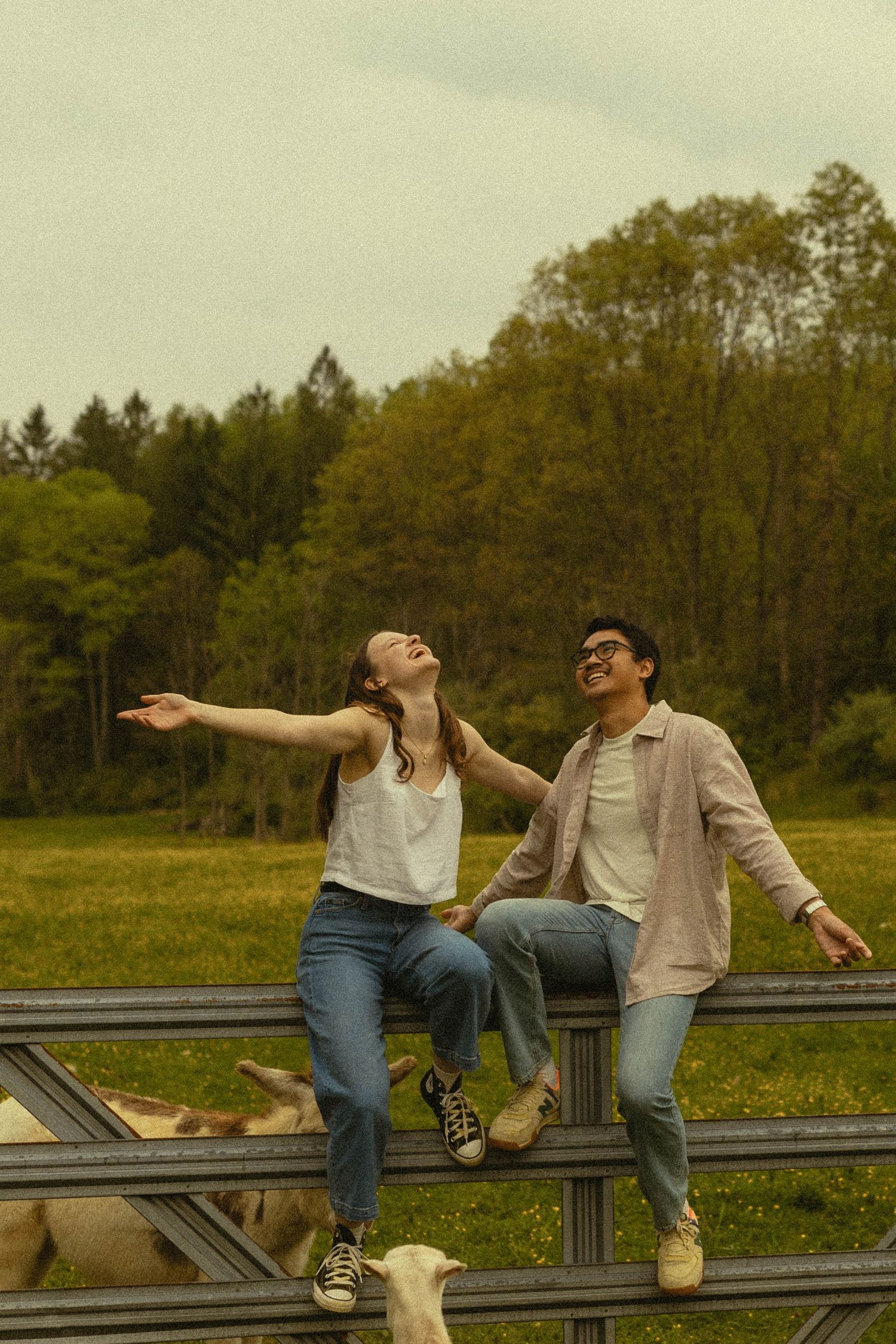 Two people sitting on a wooden fence strike playful poses against a forest backdrop.