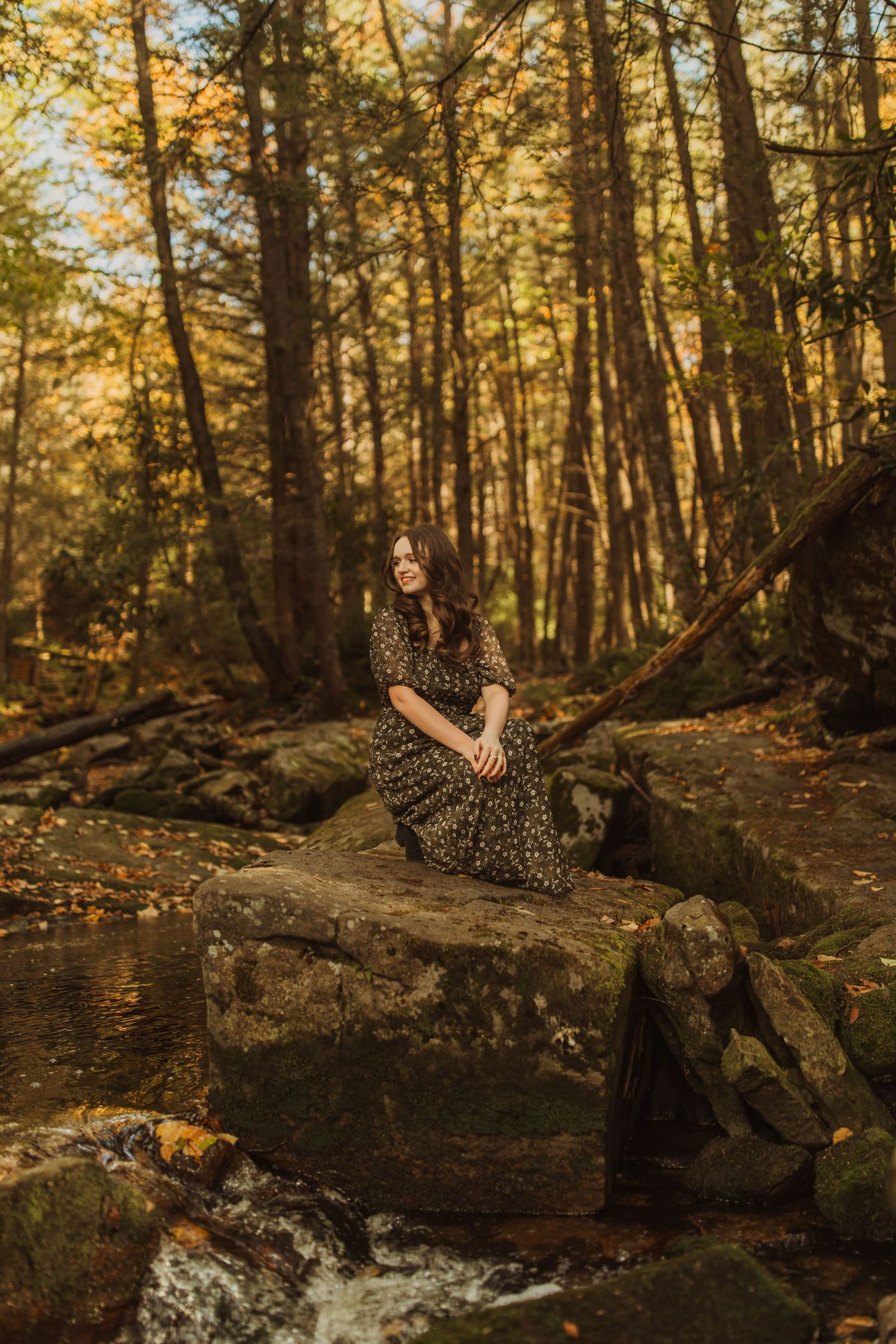 Someone in a patterned dress sits on rocks near a forest stream at golden hour.