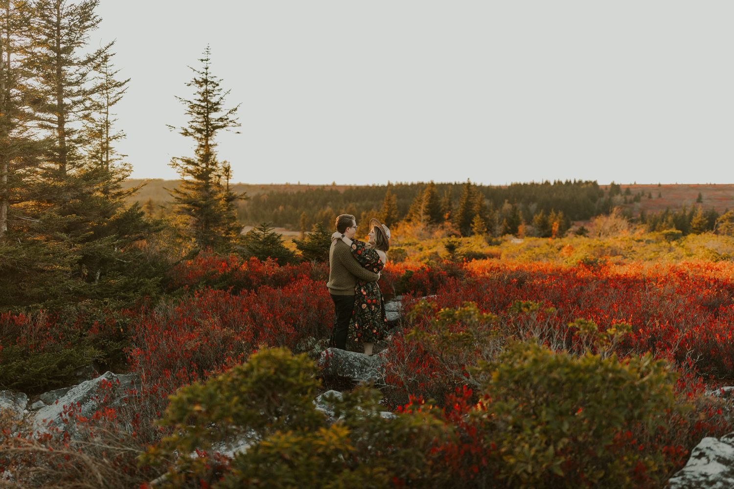 Two people stand on rocky terrain amid bright red autumn ground cover at dolly sods