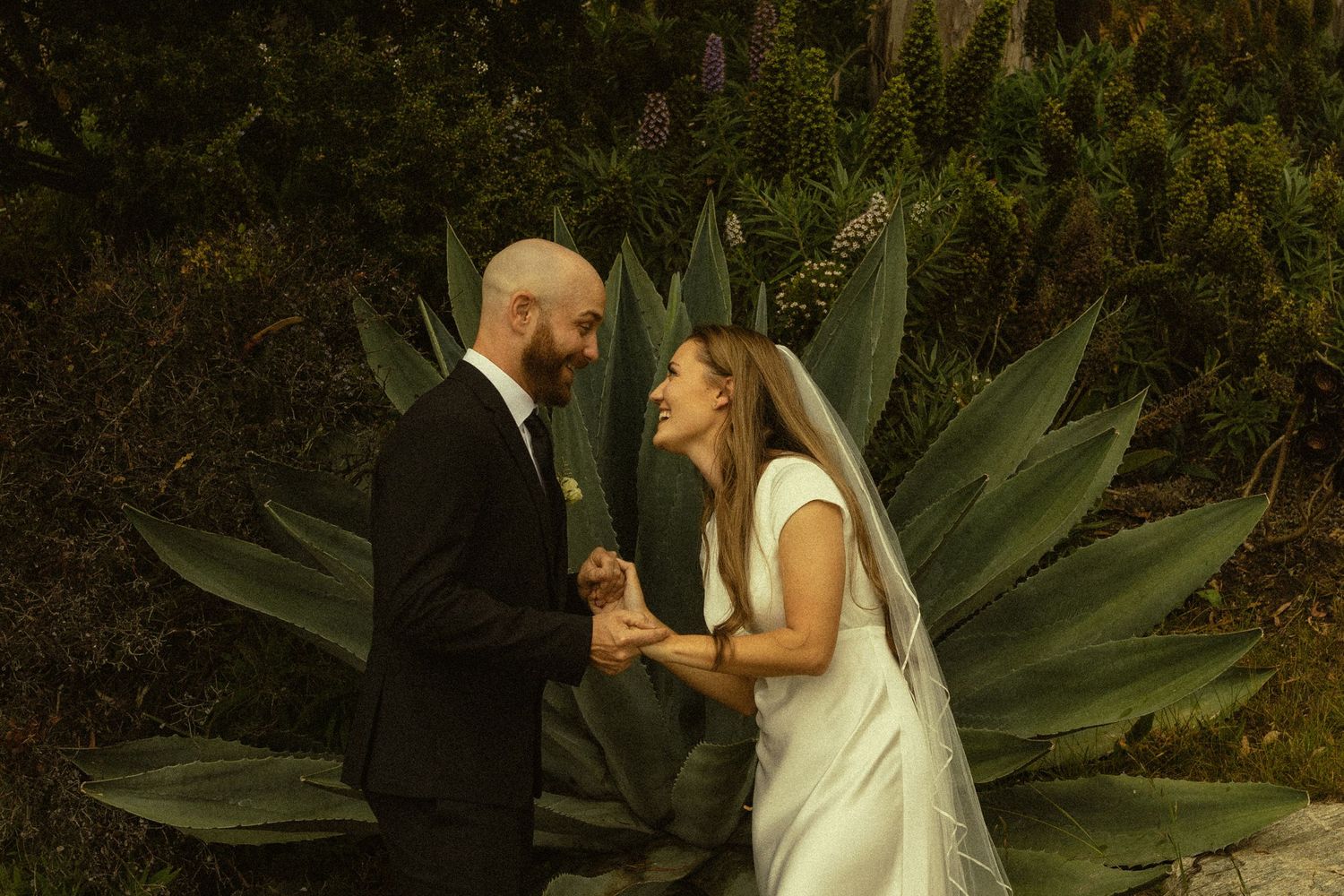 Wedding couple sharing an intimate moment in front of large tropical plants.