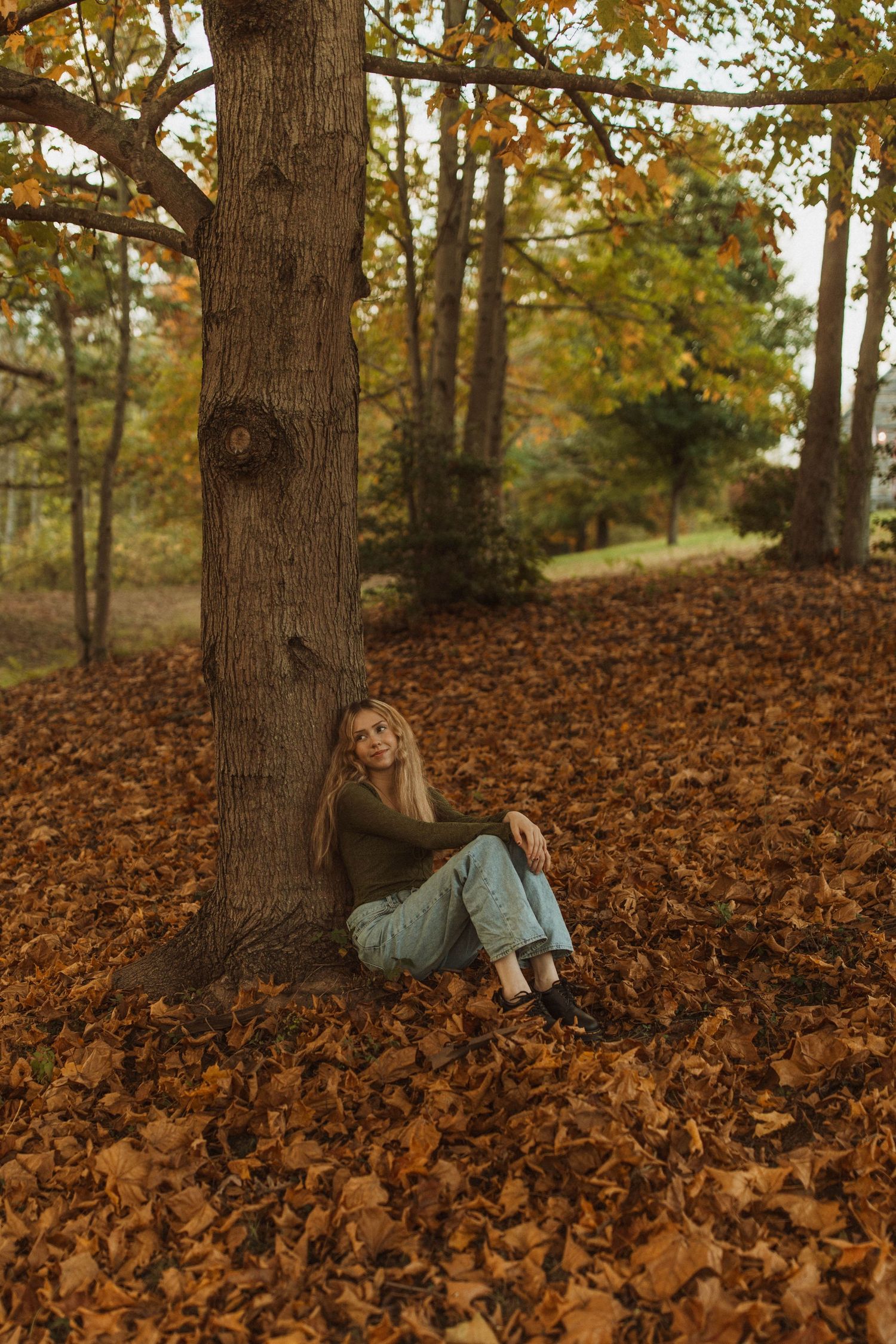 Person relaxing against tree trunk on ground covered in golden autumn leaves.