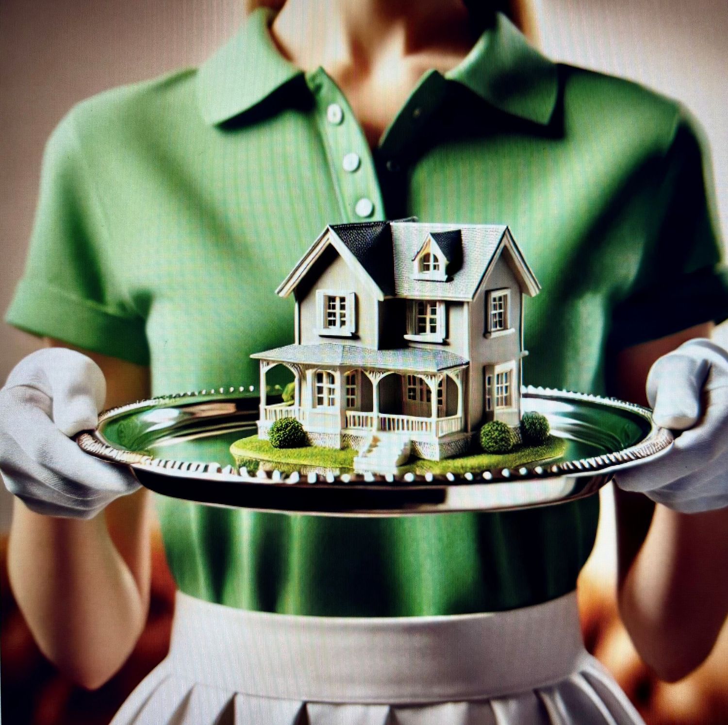 Miniature model Victorian house presented on silver serving tray.