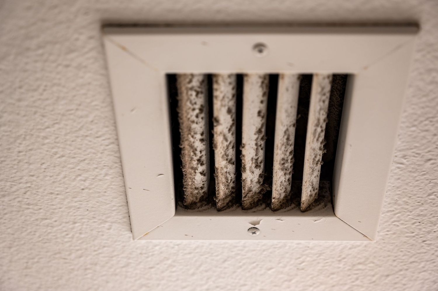 Dirty air vent with dust-covered slats mounted in white ceiling.
