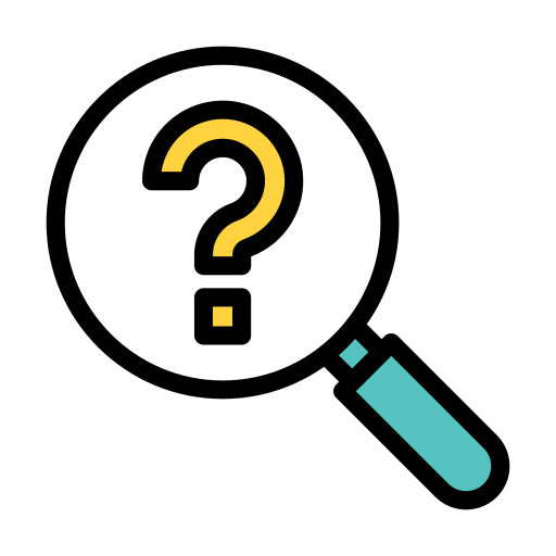 Magnifying glass with question mark icon in black and turquoise on white background.