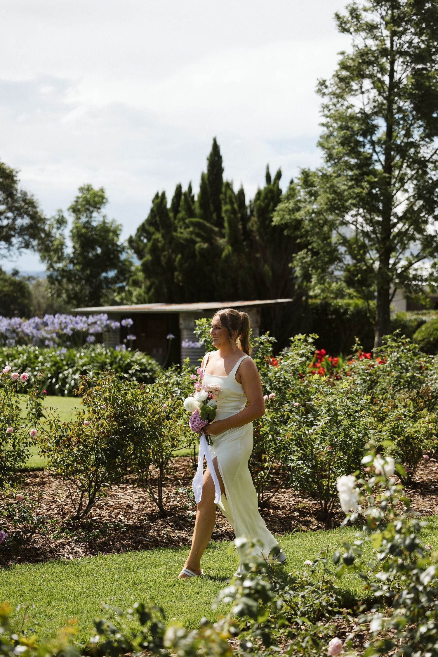 A picturesque garden setting with blooming flowers and tall cypress trees.