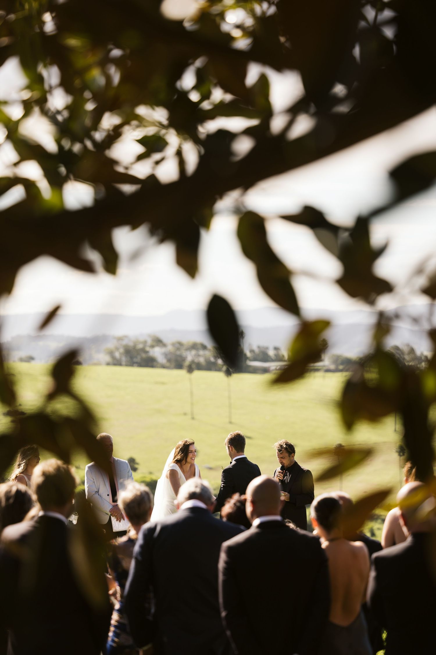 Wedding ceremony viewed through tree leaves with guests watching from below.