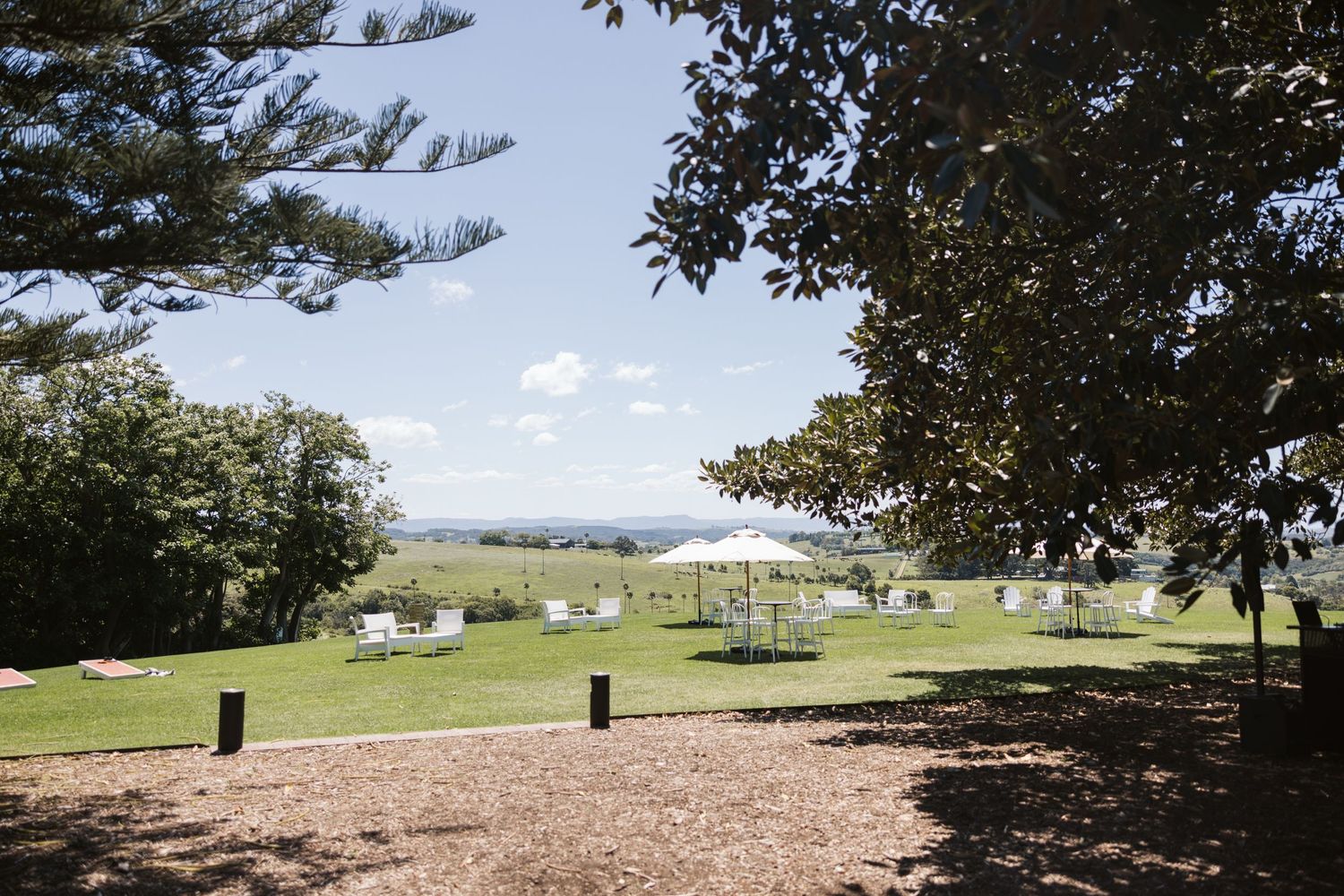 Scenic outdoor venue with pine trees and ocean view in the distance.
